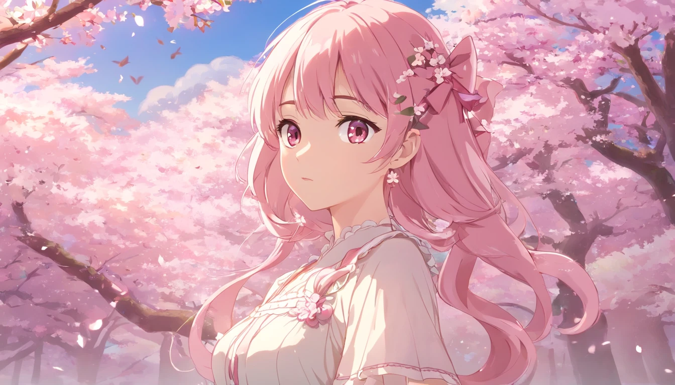 (CG unidade 8k papel de parede extremamente detalhado) (melhor qualidade) (better lighting) (um extremamente delicado e bonito) (floating) (Beautiful) (atmosfera primaveril) (1girl) (cabelo rosa longo), (Headband Hair), (Detalhados e belos olhos azuis), ((vestido branco muito curto, parte inferior de renda rosa), (renda), ((seda transparente clara))), (cherry blossom petals), (Borboletas), (DOF), (volumetric light) Cinematic lighting, chromatic aberration, Sony FE GM, pele texturizada, Detalhes altos, Altas, 8k