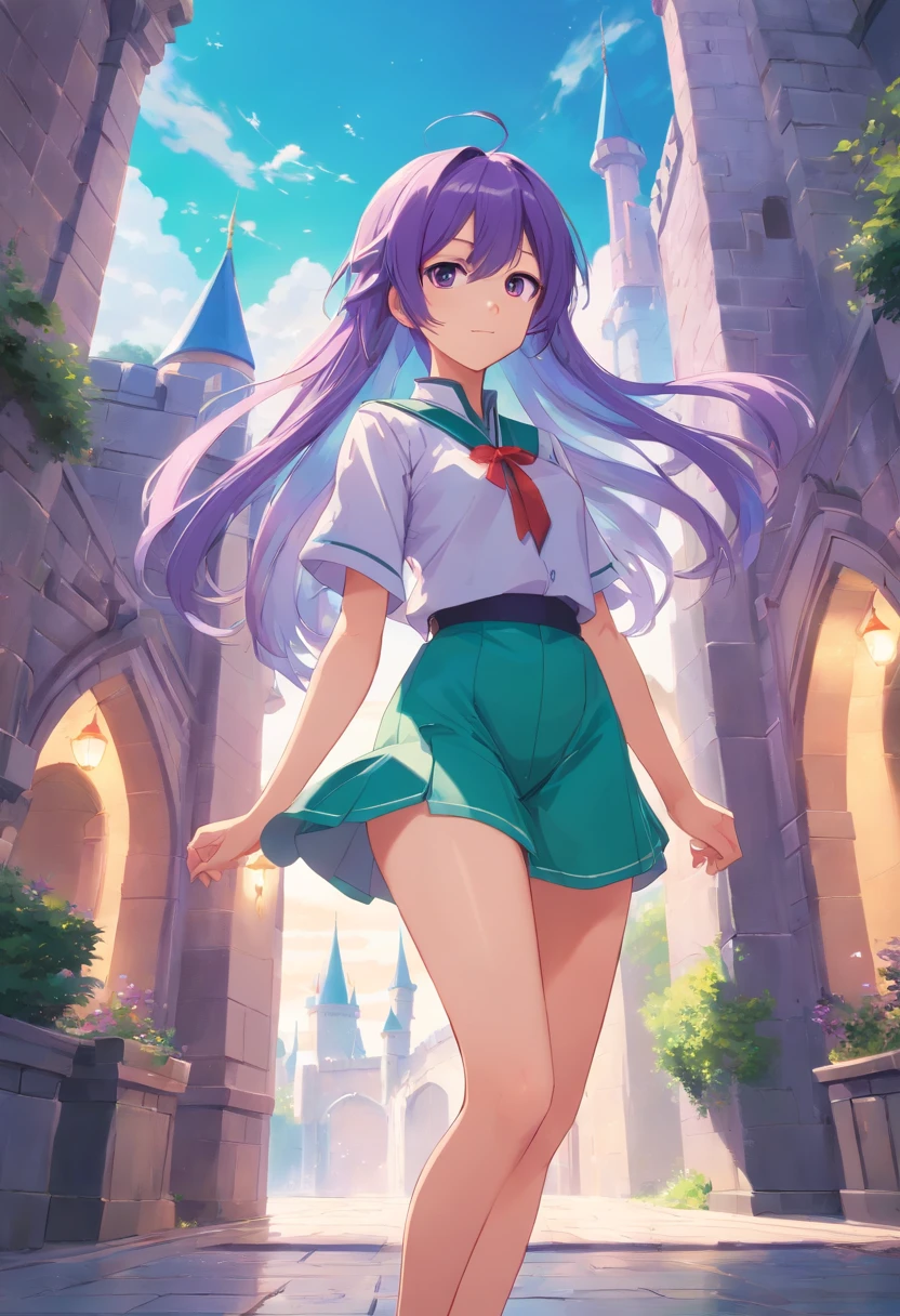 Purple eye，Long cyan hair，magia，Castle fantasy，Green clothes，Good-looking legs, Ultra photo realsisim, Castle，hair adornments, nude, (Pussy:1.2)