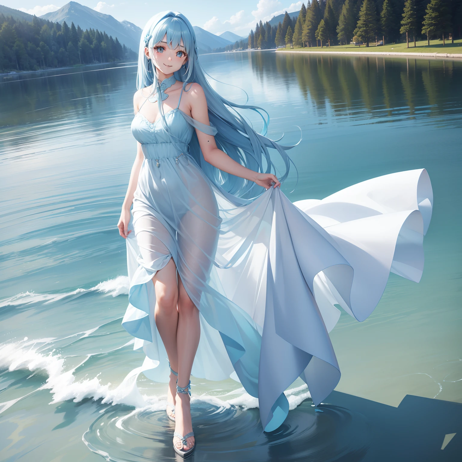 Pretty girl　Light blue long hair　A smile　Blue long dress　On the lake　starrysky　full body Esbian　Face Highlights