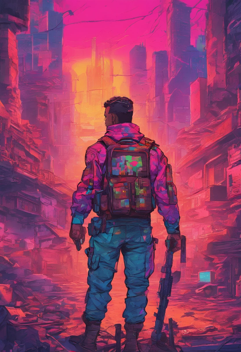 Generate an image of a resilient man looking directly at the camera. He's wearing a tactical long-sleeved military shirt, carrying a tactical military backpack. His clothing is slightly torn, and he stands in the midst of a city in ruins