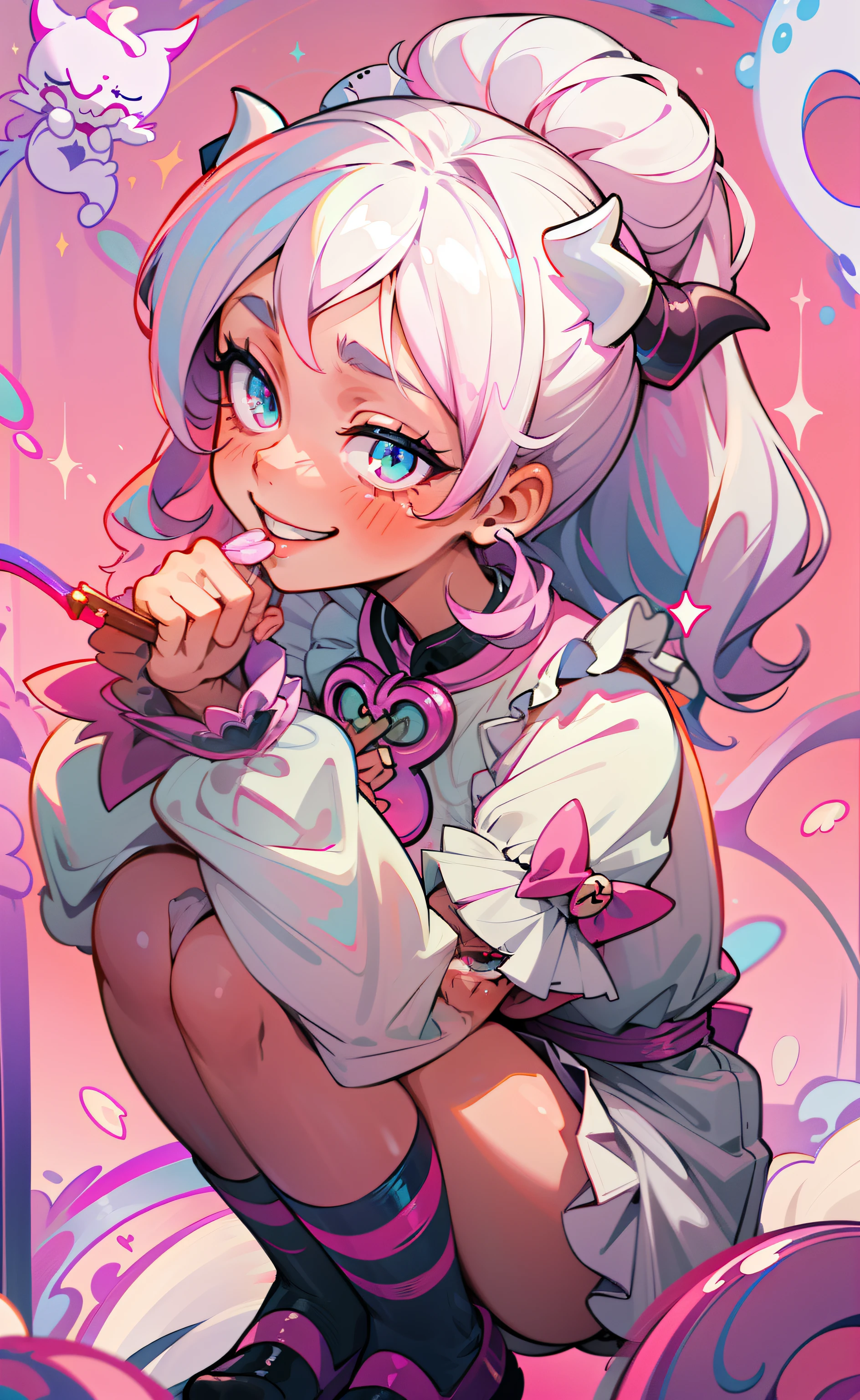 Girl in black and white dress, Pink tail, anime cat girl in a maid costume, style of magical girl, Small two-tone curls, fleshy feeling, sparkling magical girl, portrait of magical girl, anime girl in a maid costume, nyaruko-san, Splash art, Openwork maid costume, lollipop, Detailed key anime art, white hair, long hair,{{{demon horns}}}, {{{demon wings}}} , huge boobs, full body, sexy, lip bite, ahegao, {{{crouched down}}}, smiling