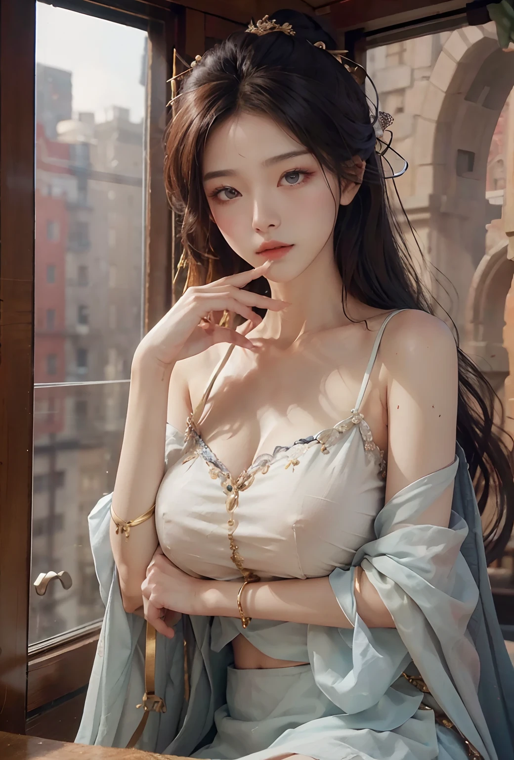 (hoang lap,A high resolution,ultra - detailed),1girll,Shy,is shy,Gentle and sweet girl,Complicated details,enlarged textures,Complicated details,Fine eyes and detailed face,Complicated details,whaite hair,Fluttering hair,Clothes cover your hands,Hands covered,huge boob,perfect boobs,areola of breast,(Keep one's mouth shut),(perfect eyes,Equal eyes),Transparent clothes,cropped shoulders,nabel,Superskirt,Ultra photo realsisim,photograph of-realistic,(((((perfect hand))))),(((((correct hand))))),