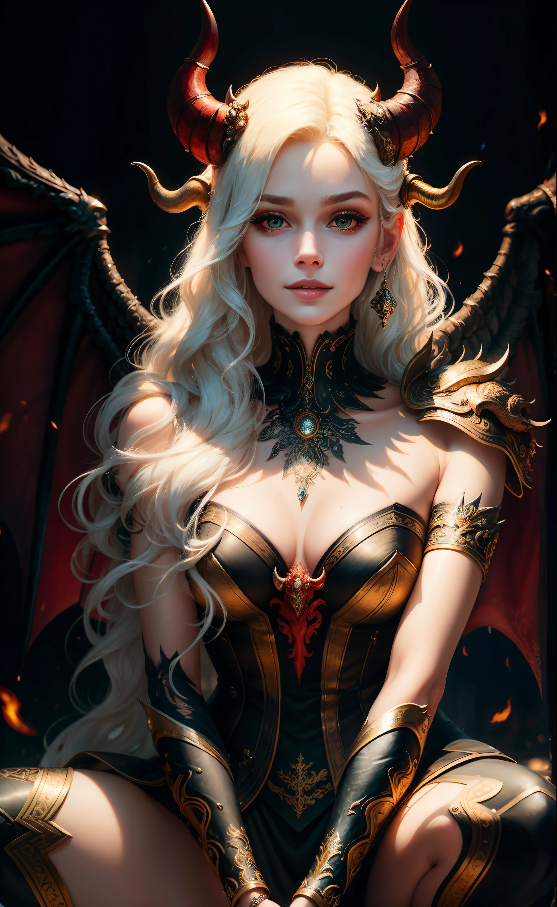 ((best quality)), ((masterpiece)), ((realistic)),full body, the hair is white,red eyes, female face, metal carved top, royal aura, trend on artstation , sharp focus, studio photo, intricate detail, very detailed, detailed eye, illustration, very detailed, sharp focus, digital render, professional, 4k, horns, devil wings, {{{crouching down}}}, smiling, hands together