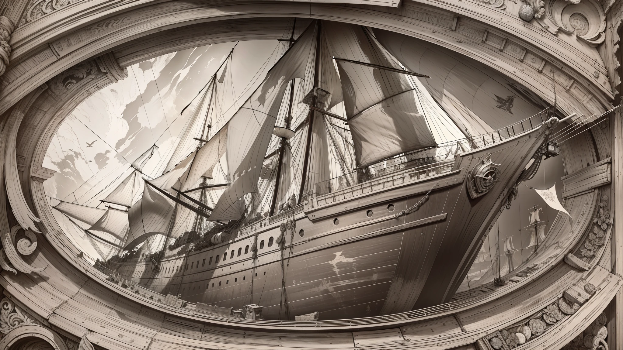 Wooden sailing ships,navigation。decrepit。Close-up,Close-up of the hull。An Alphonse Mucha's(Alphonse Mucha)Art style,illustration,。Line structure and scene without color and shadows。 black and white monochrome。(tmasterpiece,best qualtiy,A high resolution:1.4),the detail,complexdetails,8K。