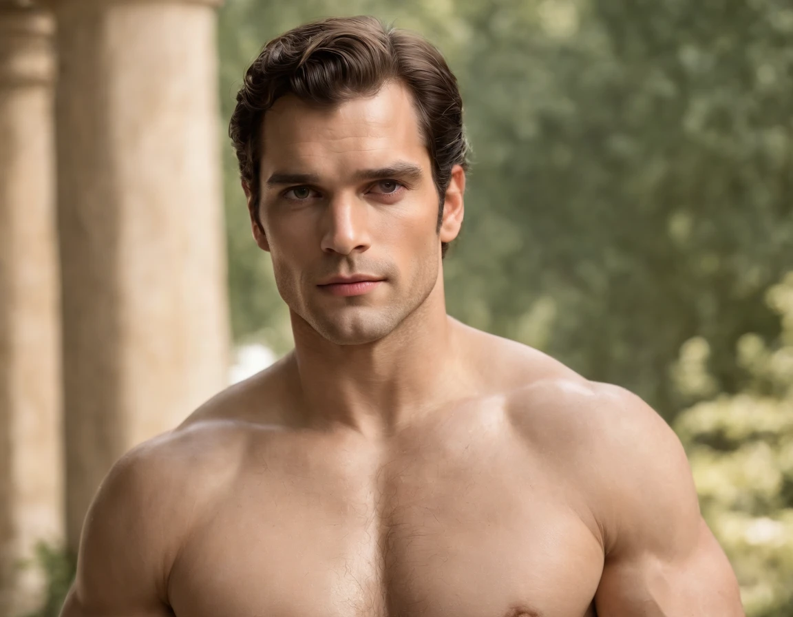 (best quality,ultra-detailed,realistic:1.37),nude Henry Cavill as a Greek god, Apollo. Herculean strength, chiseled muscles, and captivating gaze. Golden sunlight illuminates his perfectly sculpted physique, emphasizing his godlike features. Medium: classical oil painting. The canvas exudes a timeless beauty, capturing every intricate detail of Henry Cavill's form. The colors are vibrant yet harmonious, invoking a sense of divinity. In the background, a serene garden with blooming flowers and lush greenery provides an idyllic setting. The play of light and shadow creates a stunning contrast, accentuating his muscularity. The composition exudes power, grace, and allure. The atmosphere is ethereal, transporting the viewer to a mythical realm where gods walk among mortals.