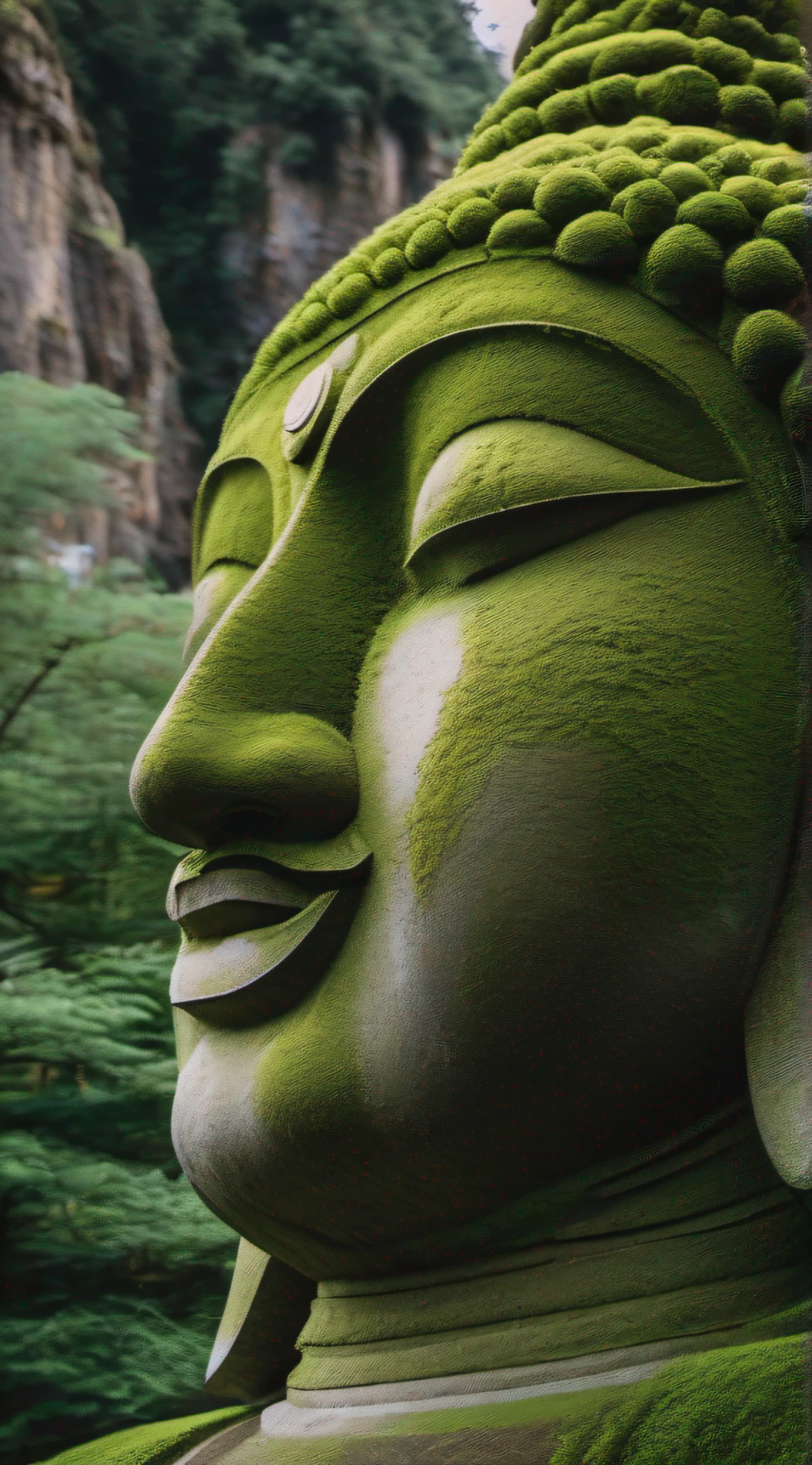 Close-up of a statue leaning against a mountain,Blend in with the mountains,Covered with moss, a Buddhist Buddha, face with artgram, Buddhism, Peaceful face, Buddhist,,Detailed unblurred face, Stoic face,photore, Zen temple background,Verism, En plein air, cinematic lighting, stereogram, masterpiece, UHD, best quality