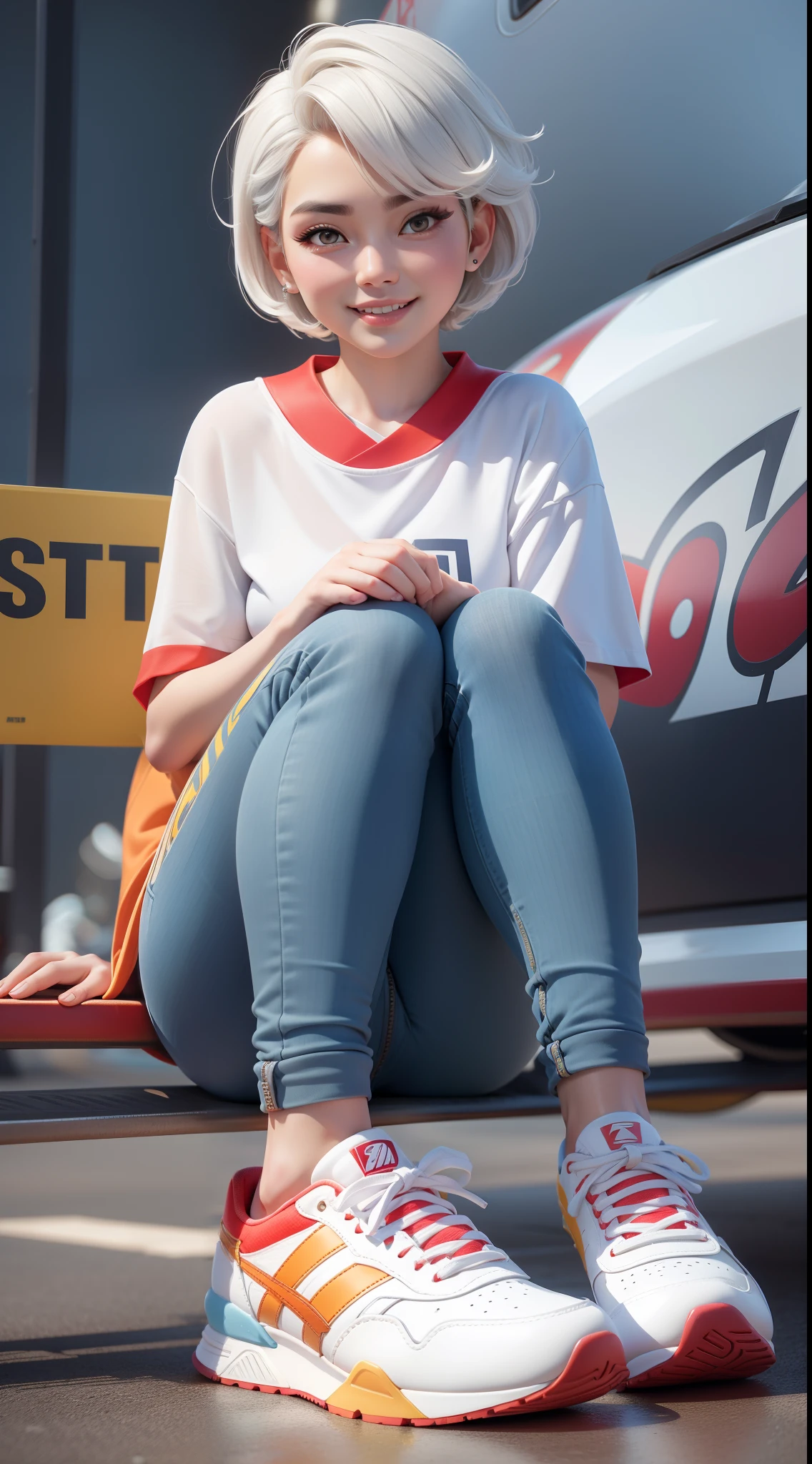 hoang lap，A high resolution，ultra - detailed，ads，poster for，Unity8k wallpapers，ultra - detailed，Beauty and aesthetics，tmasterpiece，best qualtiy，with short white hair，Cute handsome smiling girl，wearing a denim pants，sports arena，sat on the ground（（Huge sneakers close to the camera）），（The sneakers are decorated in white、Intricate design in red and yellow）