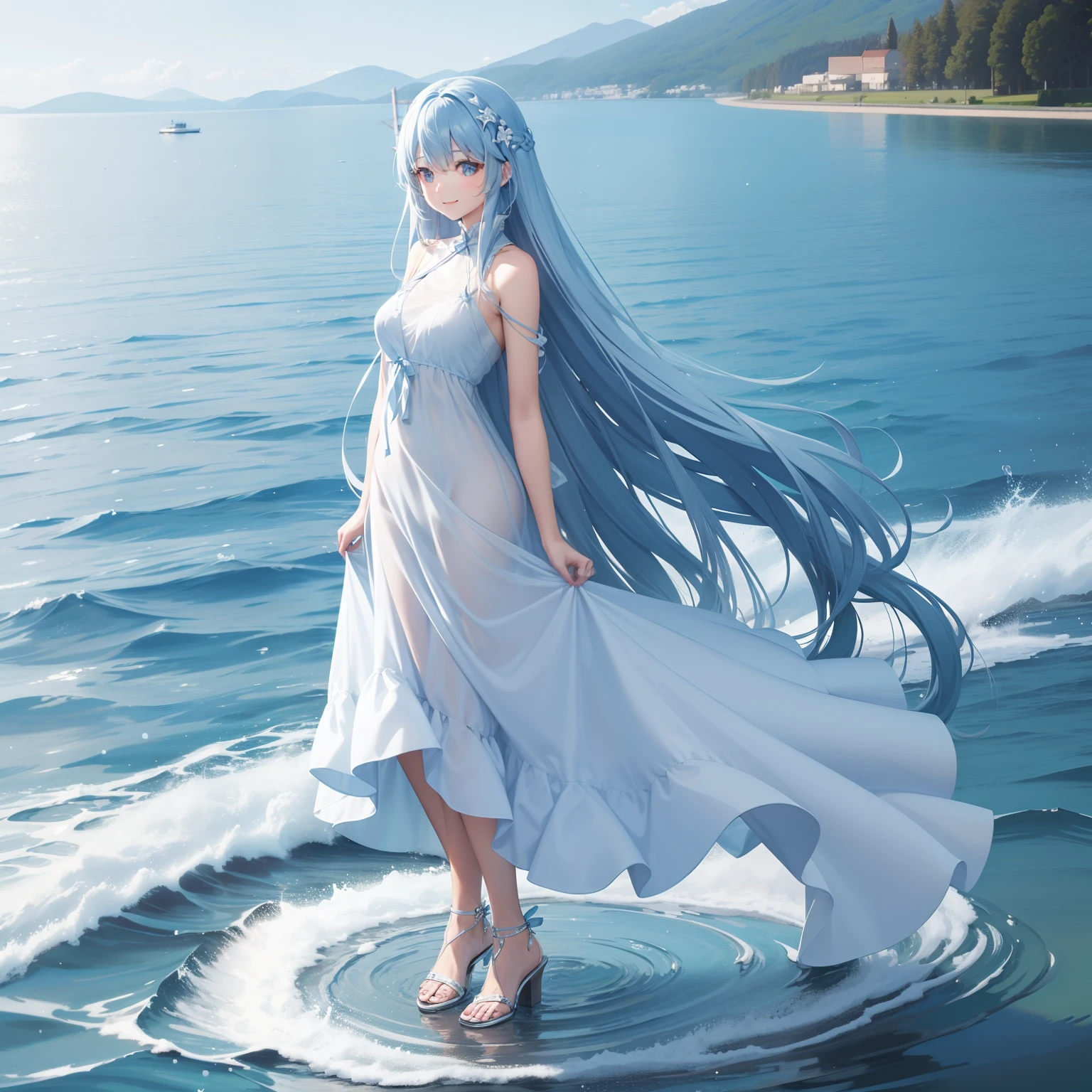 Pretty girl Light blue long hair A smile Blue long dress On the lake starrysky full body Esbian Face Highlights