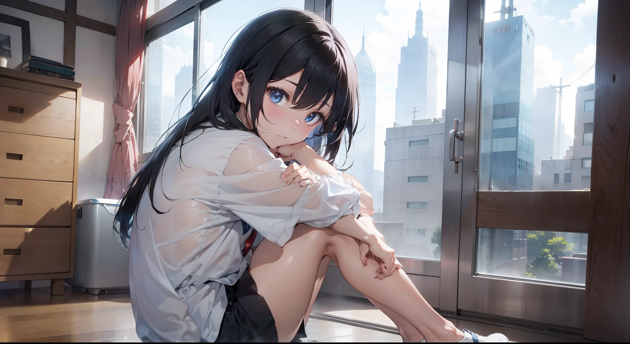 shanghai, China，A girl sits on the floor of a ten-story building，Window of the room on the thirteenth floor, You can see that it is raining lightly outside, Faraway view，Fogging near the ground，brunette color hair，Back against the wall，And hold your legs with your hands，plethora of colors，Masterpiece，high detal，Estilo de Makoto Shinkai。blueneyes