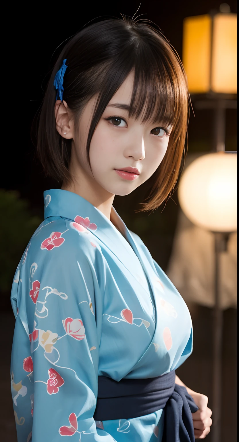 (top-quality、​masterpiece:1.2)、Best Quality、realisitic、photoshot、hight resolution、1080p、8K、Textured skin、Physical Rendering、1 Japan Girls、a junior high school student、kawaii、Young Face、Rolled hair、(Yukata with colorful patterns:1.5)、Fireworks Festival、Night、up of face、full of shyness、smil、Colossal tits