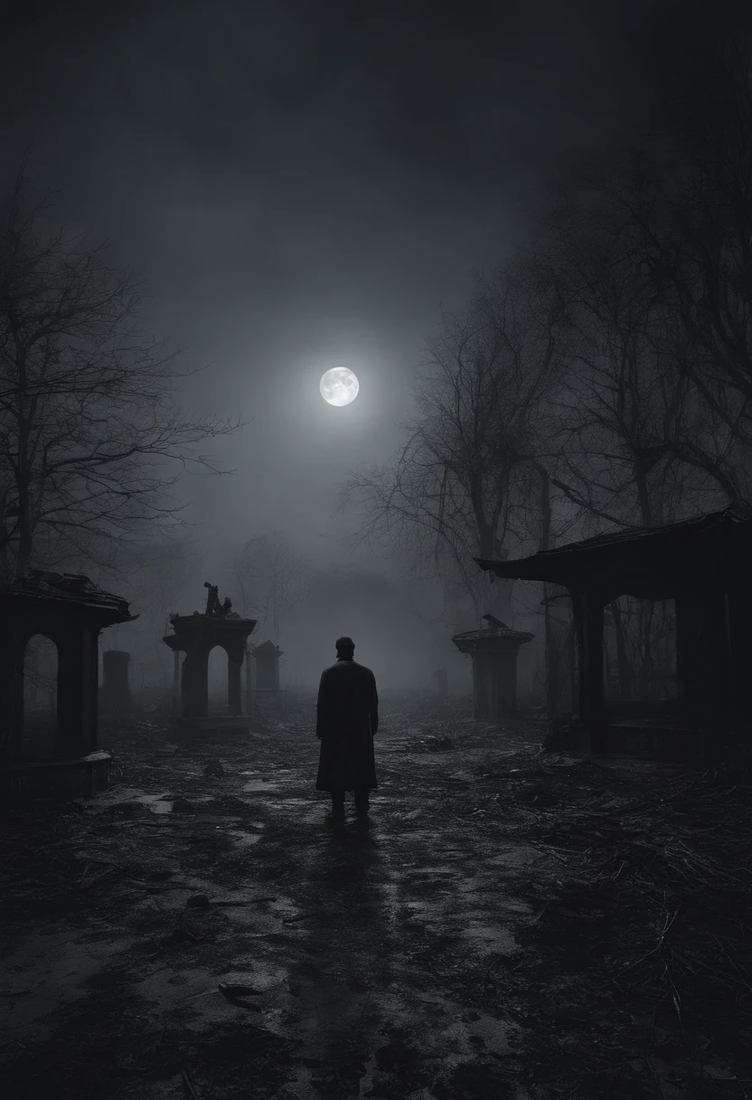 exteriors,Under a wide-angle lens, The horizon is endless, The haze is dark, The vast land is dark, In the distant night fog there are broken remains of some Gothic houses, The entire environment is reflected in the clear white moonlight, In the middle of the picture stands a male figure and a female figure,All around, Quiet, The whole picture is black and gray, There is light and shadow