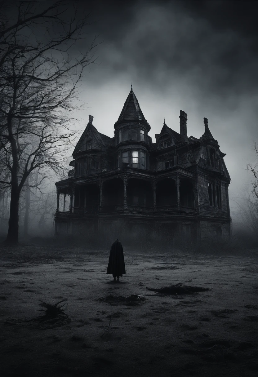 exteriors,Under a wide-angle lens, The horizon is endless, The haze is dark, The vast land is dark, In the distant night fog there are broken remains of some Gothic houses, The entire environment is reflected in the clear white moonlight, In the middle of the picture stands a male figure and a female figure,All around, Quiet, The whole picture is black and gray, There is light and shadow