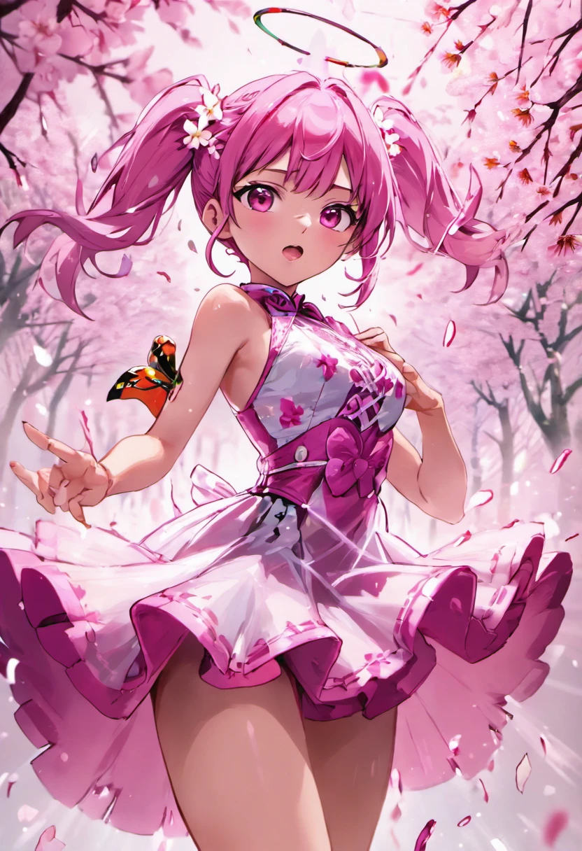 (CG unidade 8k papel de parede extremamente detalhado) (melhor qualidade) (better lighting) (um extremamente delicado e bonito) (floating) (Beautiful) (atmosfera primaveril) (1girl) (cabelo rosa longo), (Headband Hair), (Detalhados e belos olhos azuis), ((vestido branco muito curto, parte inferior de renda rosa), (renda), ((seda transparente clara))), (cherry blossom petals), (Borboletas), (DOF), (volumetric light) Cinematic lighting, chromatic aberration, Sony FE GM, pele texturizada, Detalhes altos, Altas, 8k