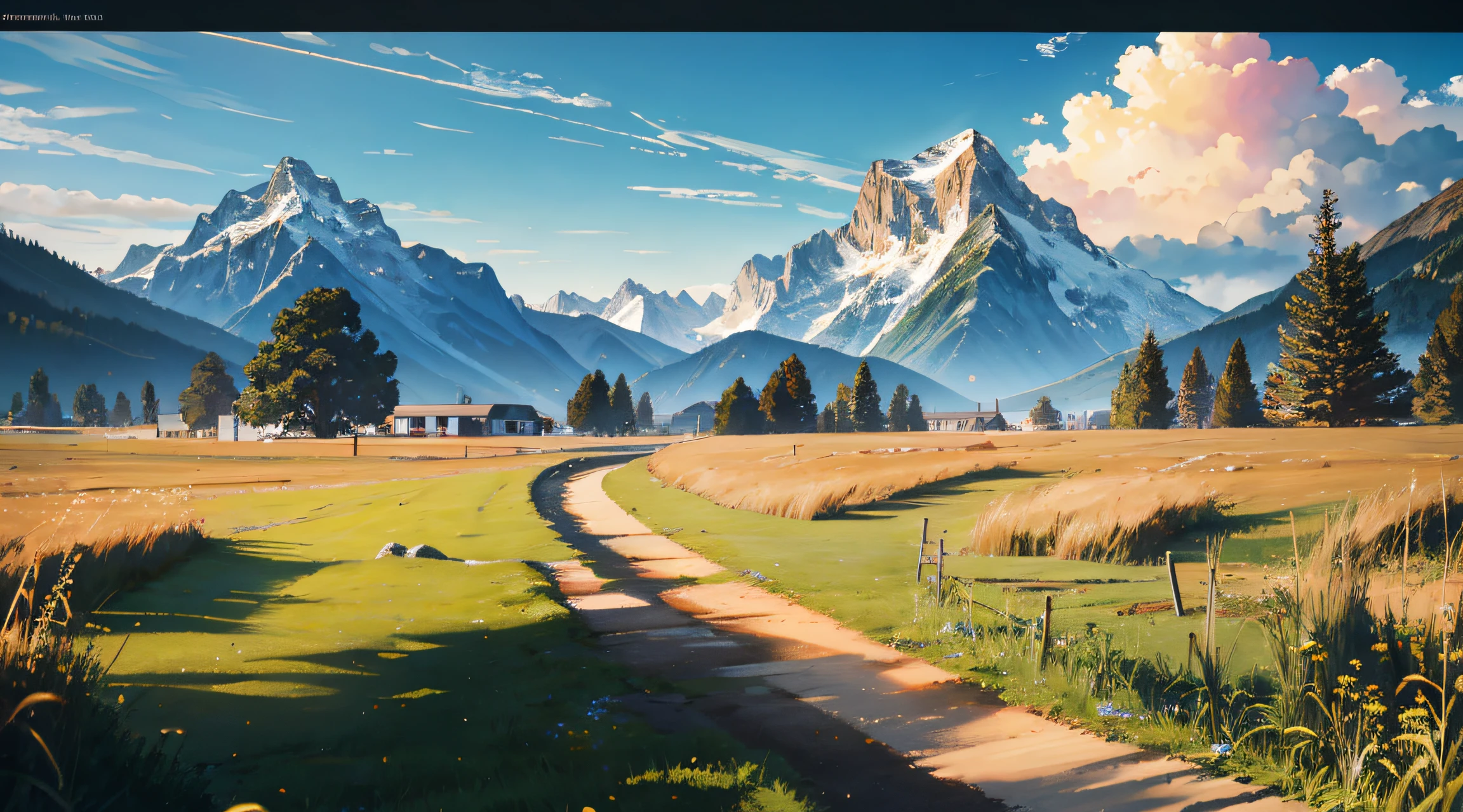 no humans, scenery, vanishing point, from below, masterpiece, best quality, 8k, absurdres, mountain view, grass field, summer, sunset, noon, sunlight, blue sky, perspective, depth of field, highres, finely detail, ultra-detailed, sharp focus