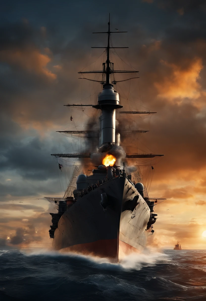 You can see the whole picture of the battleship、Top image quality、top-quality、realistic、Capturing the hull from the sky、You can see the big gun、Black smoke is coming out of the chimney、The gun is on the ship、The sea is blue、the setting sun、