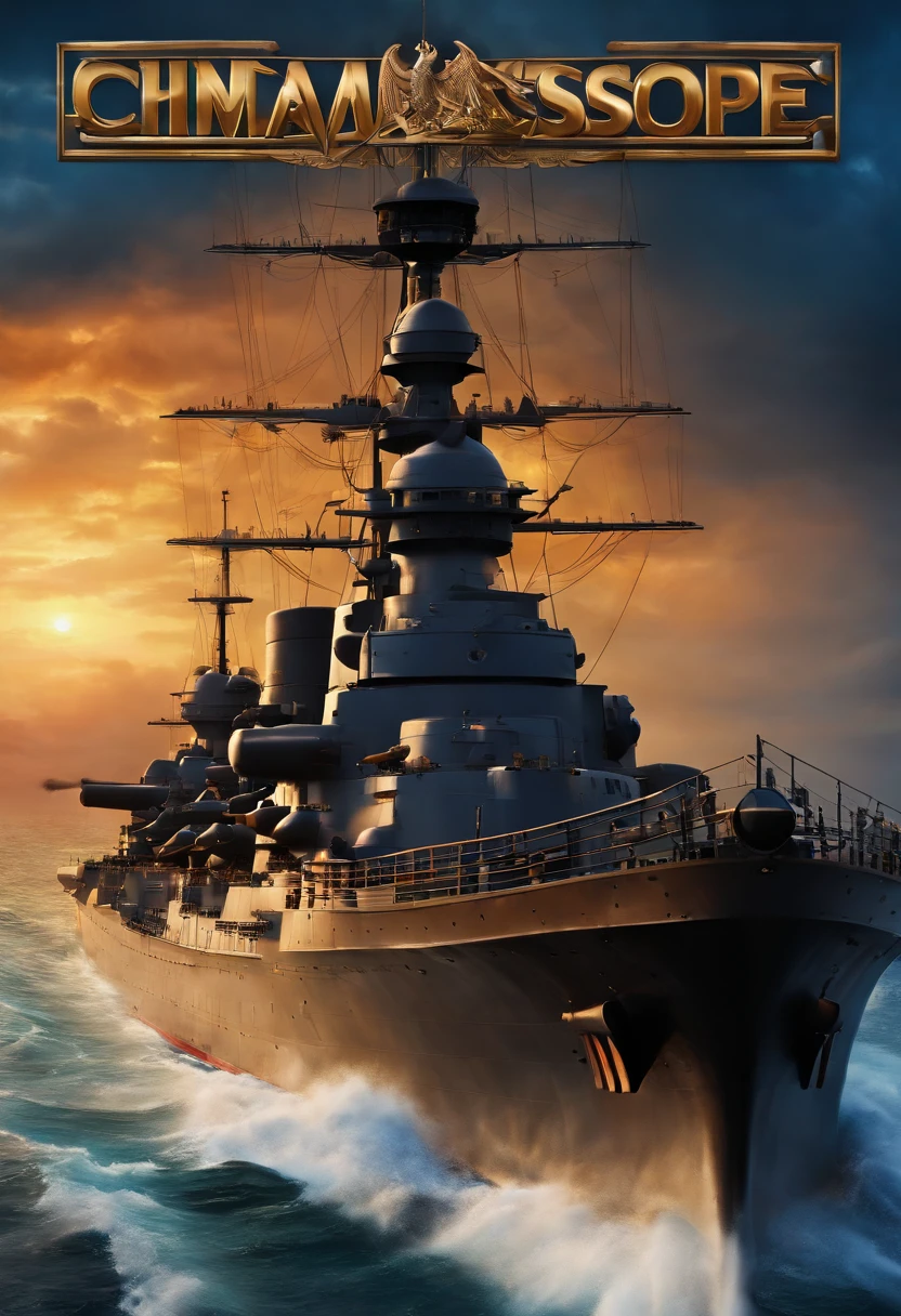 You can see the whole picture of the battleship、Top image quality、top-quality、realistic、Capturing the hull from the sky、You can see the big gun、Black smoke is coming out of the chimney、The gun is on the ship、The sea is blue、the setting sun、