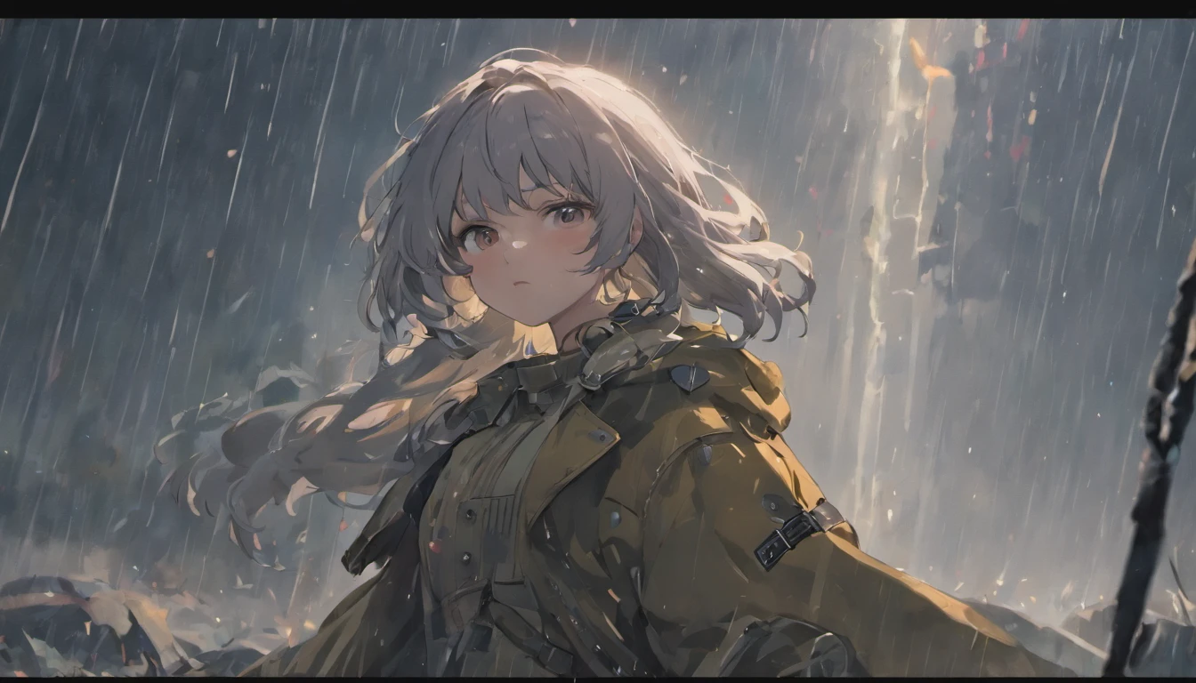 miltary, German Third Reich, femele, cavalry, Gray tones, battlefiled, rained, trench, grey hair, chiaroscuro, tachi-e, anime, UHD, anatomically correct, highres, 1080P, best quality