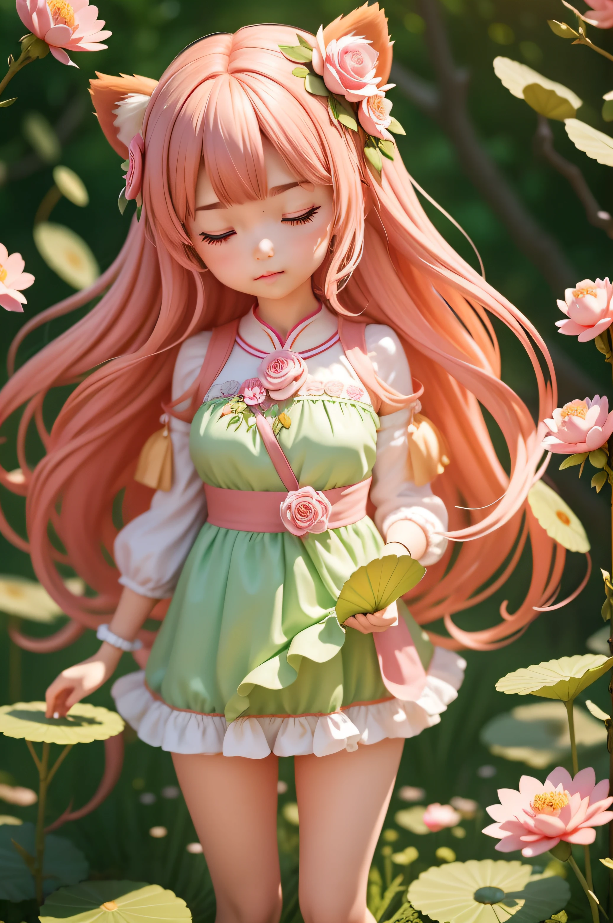 Anime girl with cute red panda,a plant,vine,White rose,tentaculata,blossoms,Devouring,large scene,dense woods,Gemstone hair accessories,Multicolored gemstones,rainbowing,Cinematic lighting,cinematic compositions,Surrounded by flowers,Fine hair,Bright colors,Light sense,8k,The proportions of the human body are correct,Limb norms,A cute girl,Flower and rose fields,Her eyes are closed,brunette color hair,With his eyes closed,florals,hair adornments,long whitr hair,Pink roses,rosette,独奏,thorns,flor branca,Rose blanche,Her hair was blowing in the wind,The background is flower,1个Giant Breast Girl,afloat,shift dresses,florals,Lily pads,long whitr hair,lotus flower,Partially submerged,petals,Pink flowers,Pink roses,rosette,独奏,Eau,Red panda snuggled up next to the girl