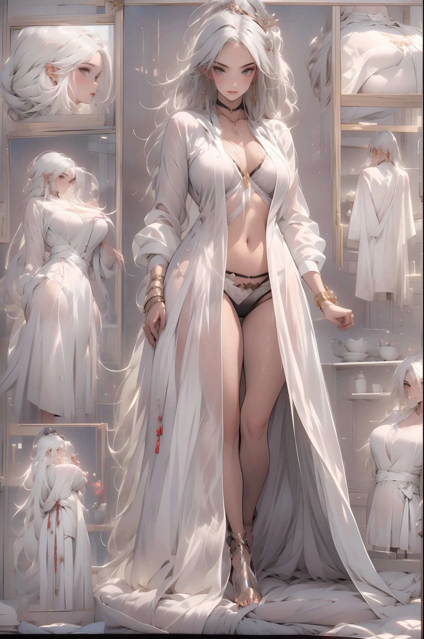 ((Masterpiece, Highest quality)), Detailed face, CharacterDesignSheet,perfectly proportions,full bodyesbian, Full of details, Multiple poses and expressions, Highly detailed, long eyelasher,dressing gown,Lace,lacepantyhose, High Balance, Overhead halo,Natural light,hyper realistic photography,Realistic shadows and lighting,glowing effect,ultra - detailed,8K,ultra-realistic realism