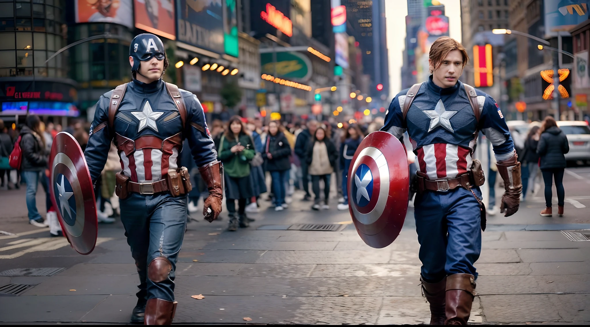 Marvel Cinematic Universe, Captain America Steve Rogers, in Times Square, New York City. Confidently striding through the bustling square, holding his iconic shield, gleaming in the intense futuristic light. Full body shot, facing the camera with determination. Remarkable attention to detail in costume and expression, vividly portrayed in glorious 8K resolution. Shot with a state-of-the-art camera setup and extensive post-processing for a jaw-dropping visual experience. A true masterpiece showcasing Captain America's essence in the heart of the city that never sleeps. Full-body, reflection, many details, a lot of detail.