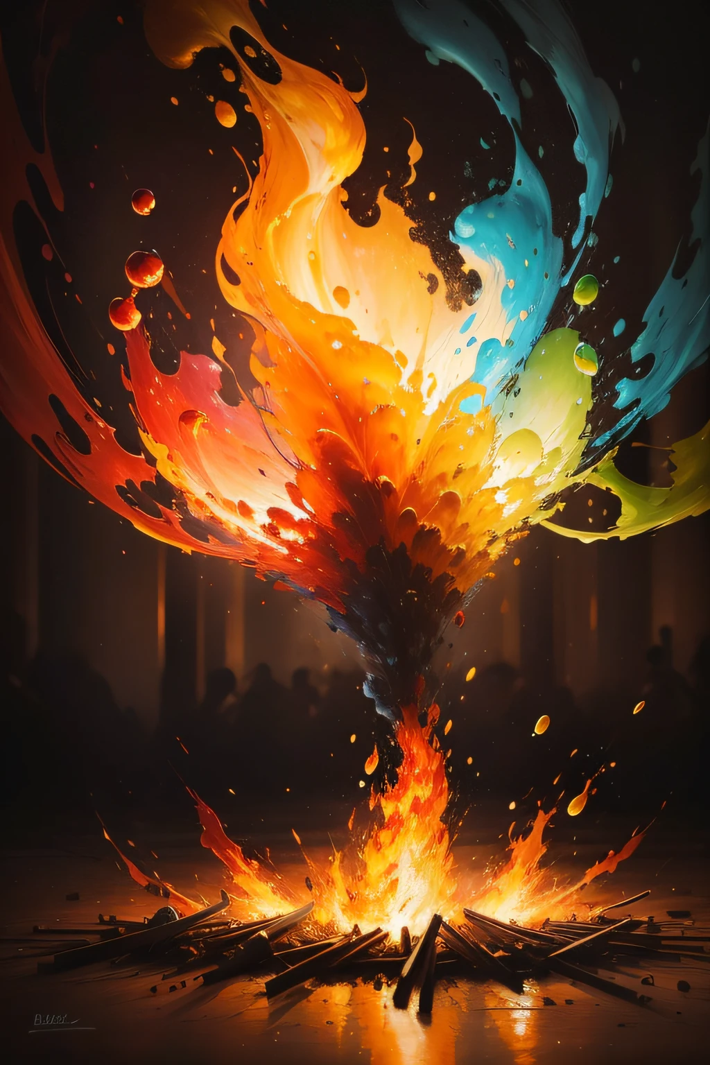 An Impressionistic oil painting capturing the dynamic play of light and color in a bright, uncontrolled fire