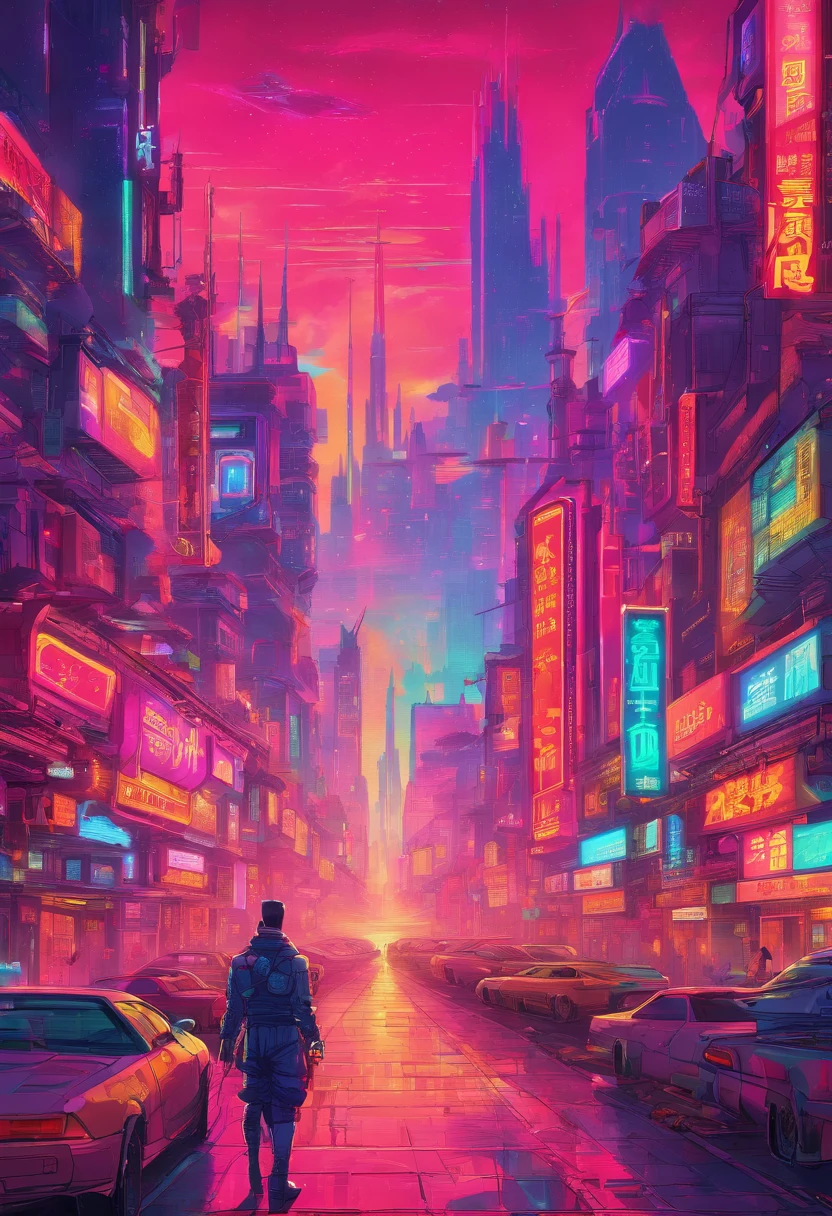 Massive cyberpunk cityscape, Soaring spires and holographic billboards illuminating the night sky.Hanfu shoujo premium colorful