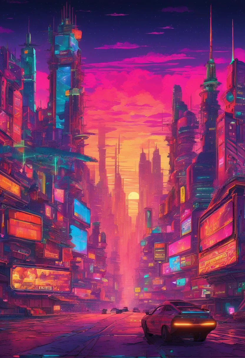 Massive cyberpunk cityscape, Soaring spires and holographic billboards illuminating the night sky.Hanfu shoujo premium colorful