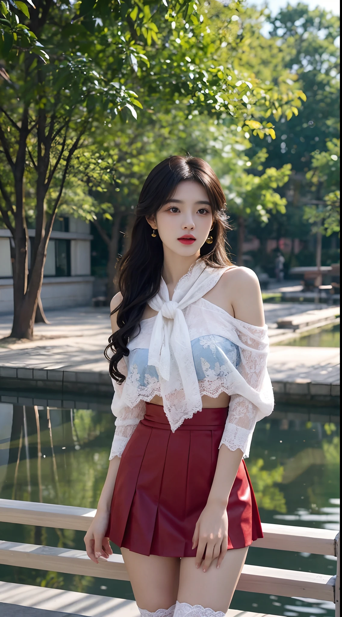 A perfect young female white-collar worker,Chinese big breasts,High picture quality,Works of masters,Black hair,Long hair shawl,Long hair flowing over the shoulders,Beach wave hairstyle,cropped shoulders,鎖骨,exquisite face,Hydrated red lips,((Wear colorful and stylish summer sailor suits))(red colour,blue colors,green color,Violet-orange,In pink,amarelo,Printed clothing),Kurfo,,Colorful pleated skirt,white stockings,Magic starry sky dress,Lace skirt,Puff sleeve skirt,Tassel elements,Lace paneled elements,Openwork elements,Texture element,Real Human,CG rendering,16k,Stand up,Suzhou Garden,On the bridge,Do not show your hands,Close-up shot