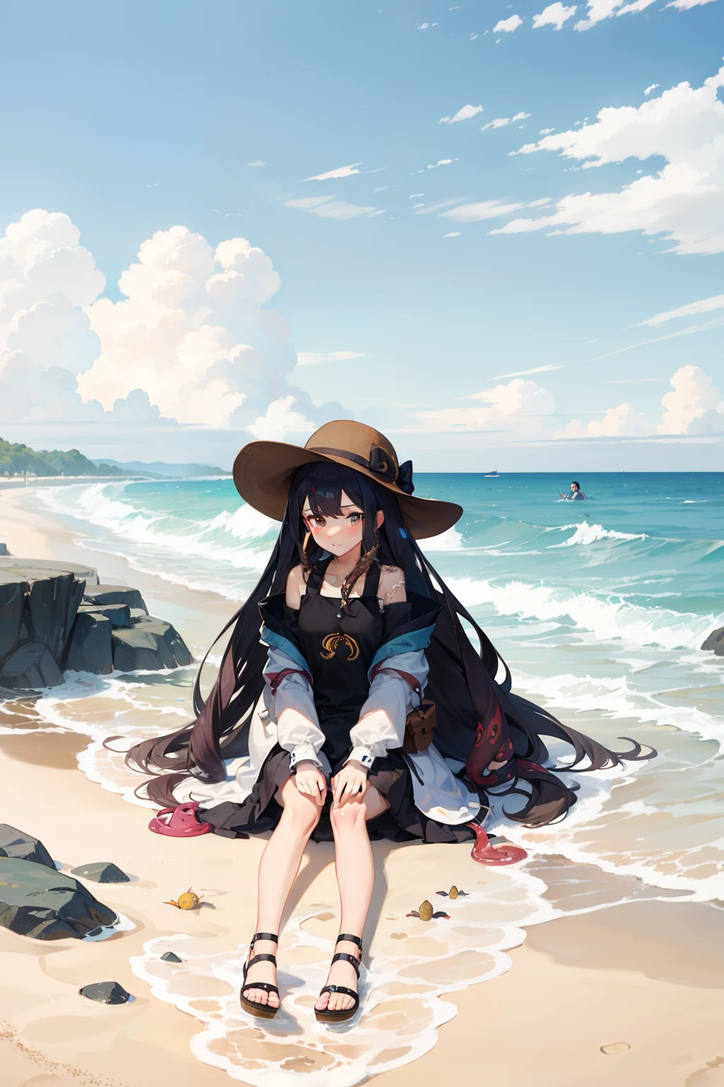 It generates an image of a Gothic woman sitting on the seashore, with tattoos of skulls and crows, under a cloudy sky.Best quality