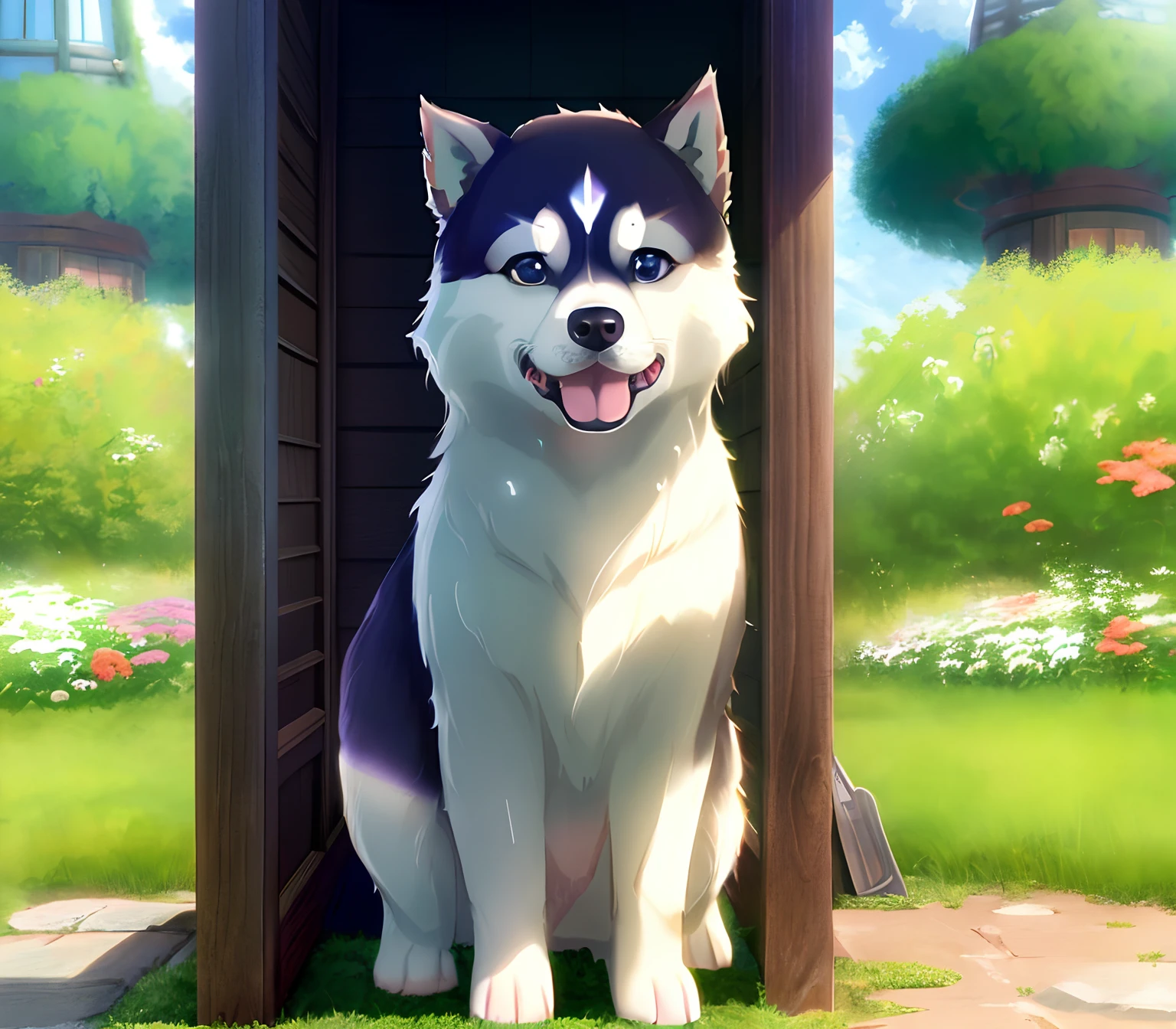 Siberian Husky puppy、cute little、plein air、Divine Rays、kawaii、Slice of Life、Studio Ghibli、(​masterpiece:1.2)、(top-quality:1.2)、astonishing、ighly detailed、Beautiful fece、finely detail、depth of fields、the Extremely Detailed CG Unity 8K Wallpapers、