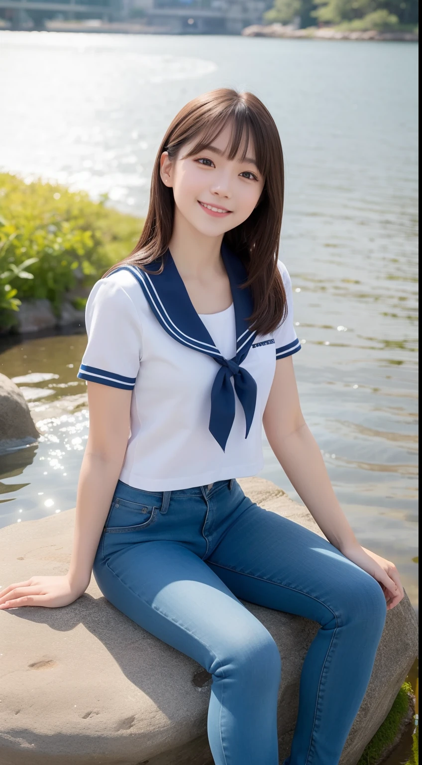 A smiling girl,In sailor suit,Blue skinny jeans,Sitting on a large rock by the pond,com rosto detalhado,The eyes are delicate,The photo quality is the best,Realistic image quality,Background diffuse lighting,Depth of field display。