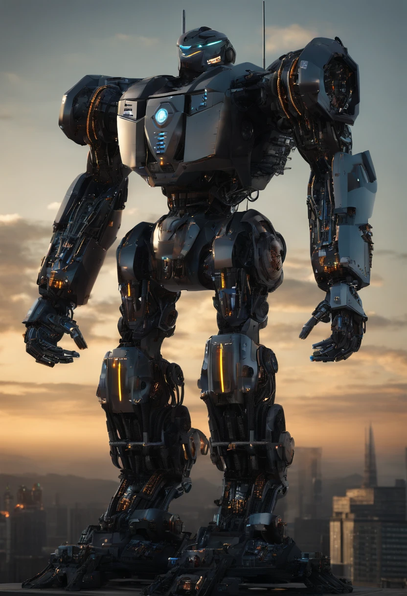 The titan robot is massive, towering over its surroundings. Its body is predominantly metallic, with a futuristic and imposing design. The robot's chest houses a glowing core that emits a pulsating energy, giving it a powerful and formidable appearance.