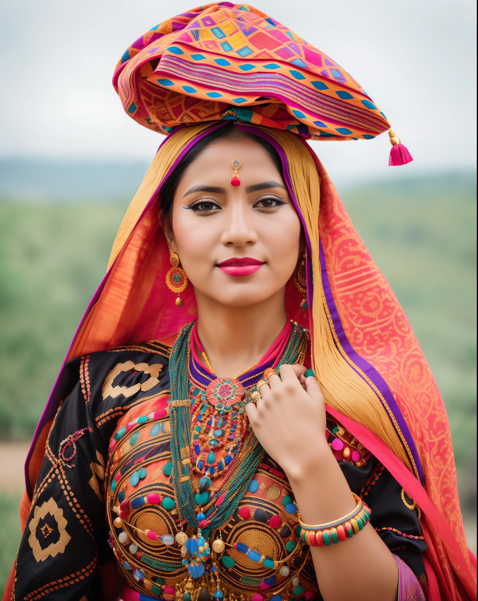 arafed woman in a colorful dress with a colorful head piece, traditional beauty, wearing traditional garb, traditional clothes, traditional dress, traditional clothing, portrait shot, traditional costume, wearing an elegant tribal outfit, wearing authentic attire, portrait mode photo, photo taken with nikon d 7 5 0, photo taken with nikon d750, closeup portrait shot
