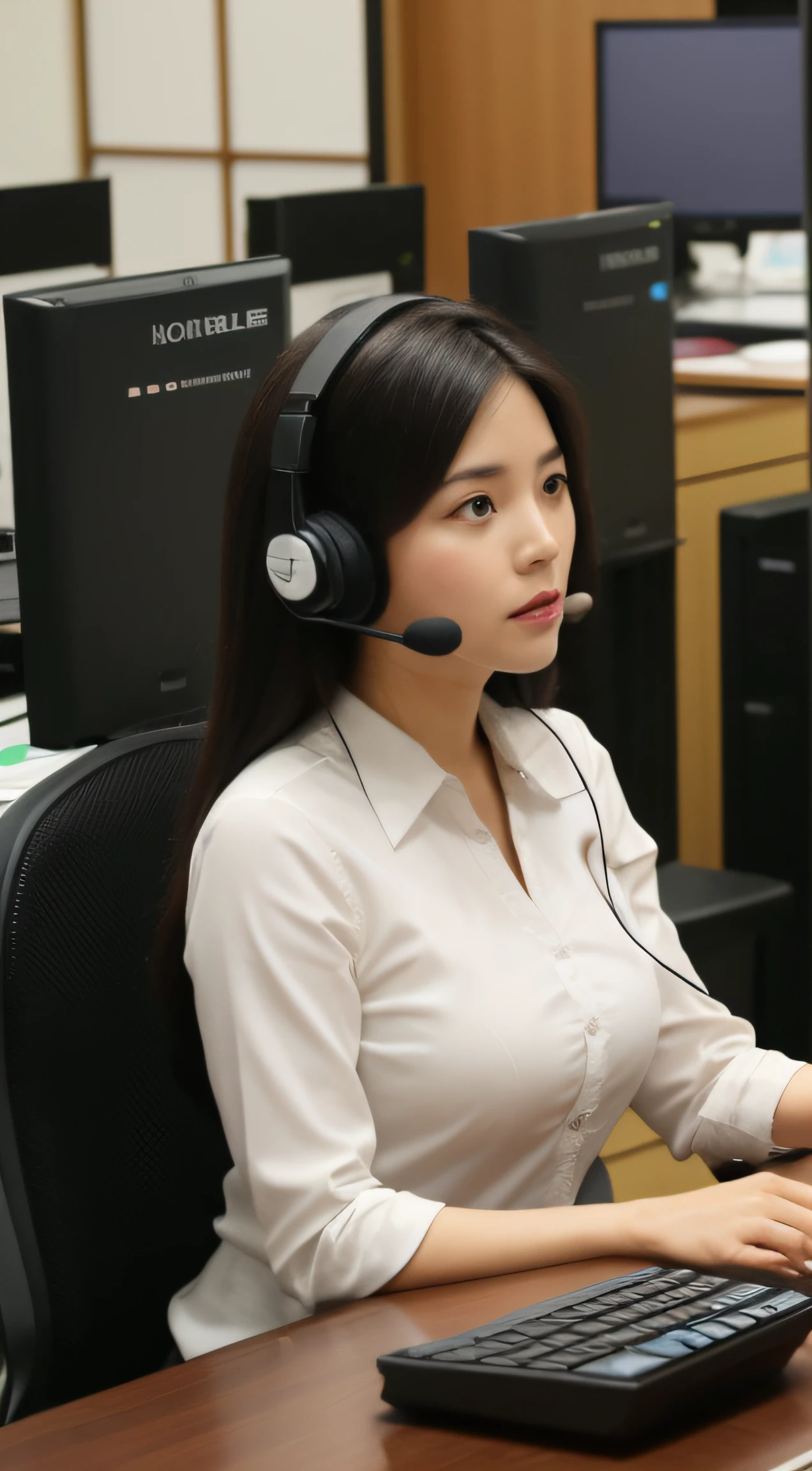femele,A dark-haired,japanes,OL,At work,Career Woman,call center,desk,personal computers,headset on head