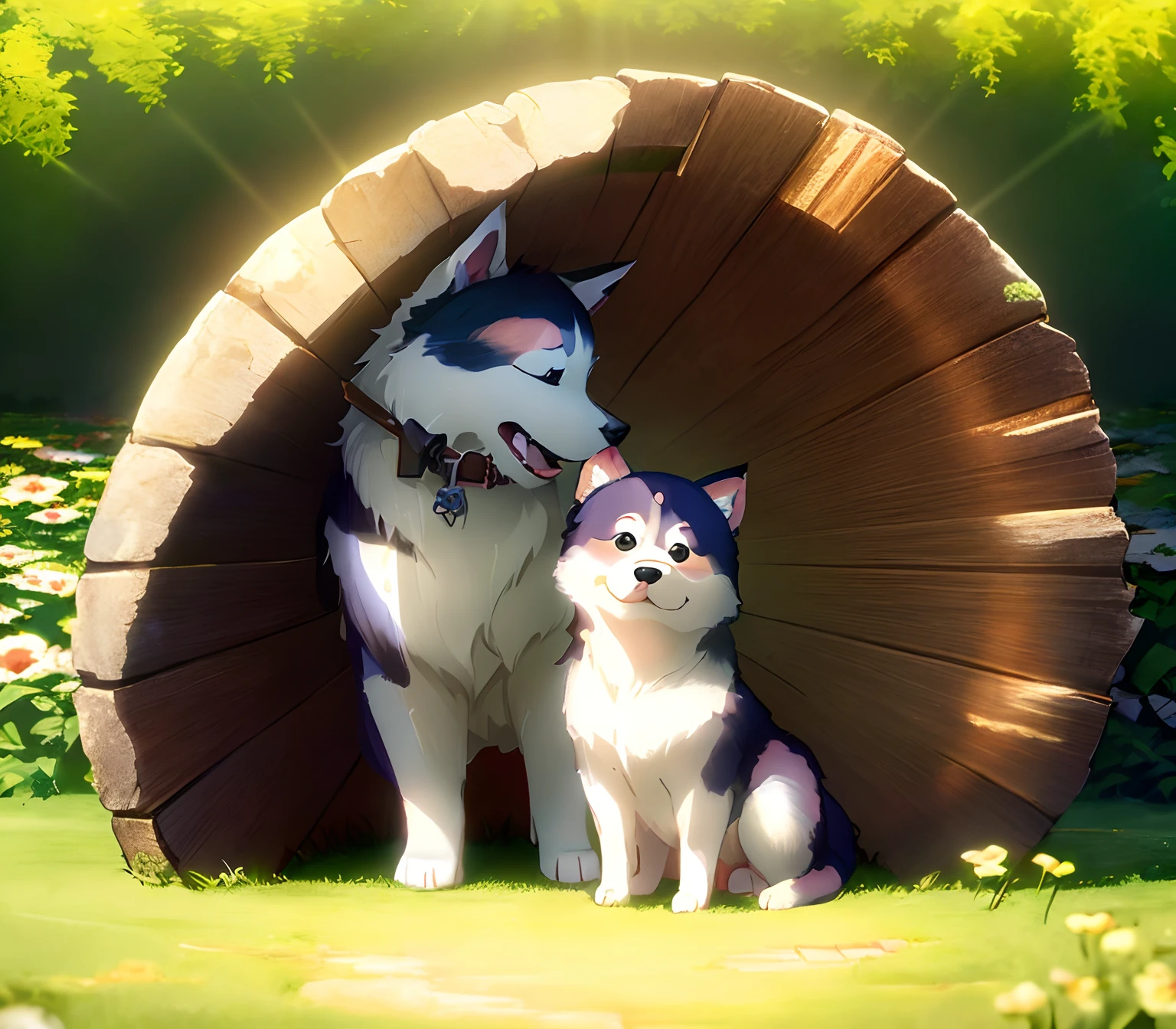 Siberian Husky puppy、cute little、plein air、Divine Rays、kawaii、Slice of Life、Studio Ghibli、(masterpiece:1.2)、(top-quality:1.2)、astonishing、ighly detailed、Beautiful fece、finely detail、depth of fields、the Extremely Detailed CG Unity 8K Wallpapers、