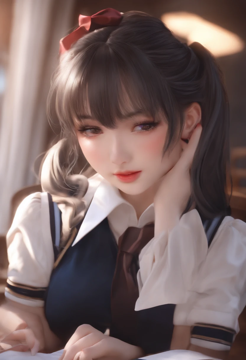 (realistic, 8k, perfect light, hi res), hot girl on revEaling sexy school uniform, blushed face, crying, on her knees giving , looking up, head being held, ((mouth full of cum))
