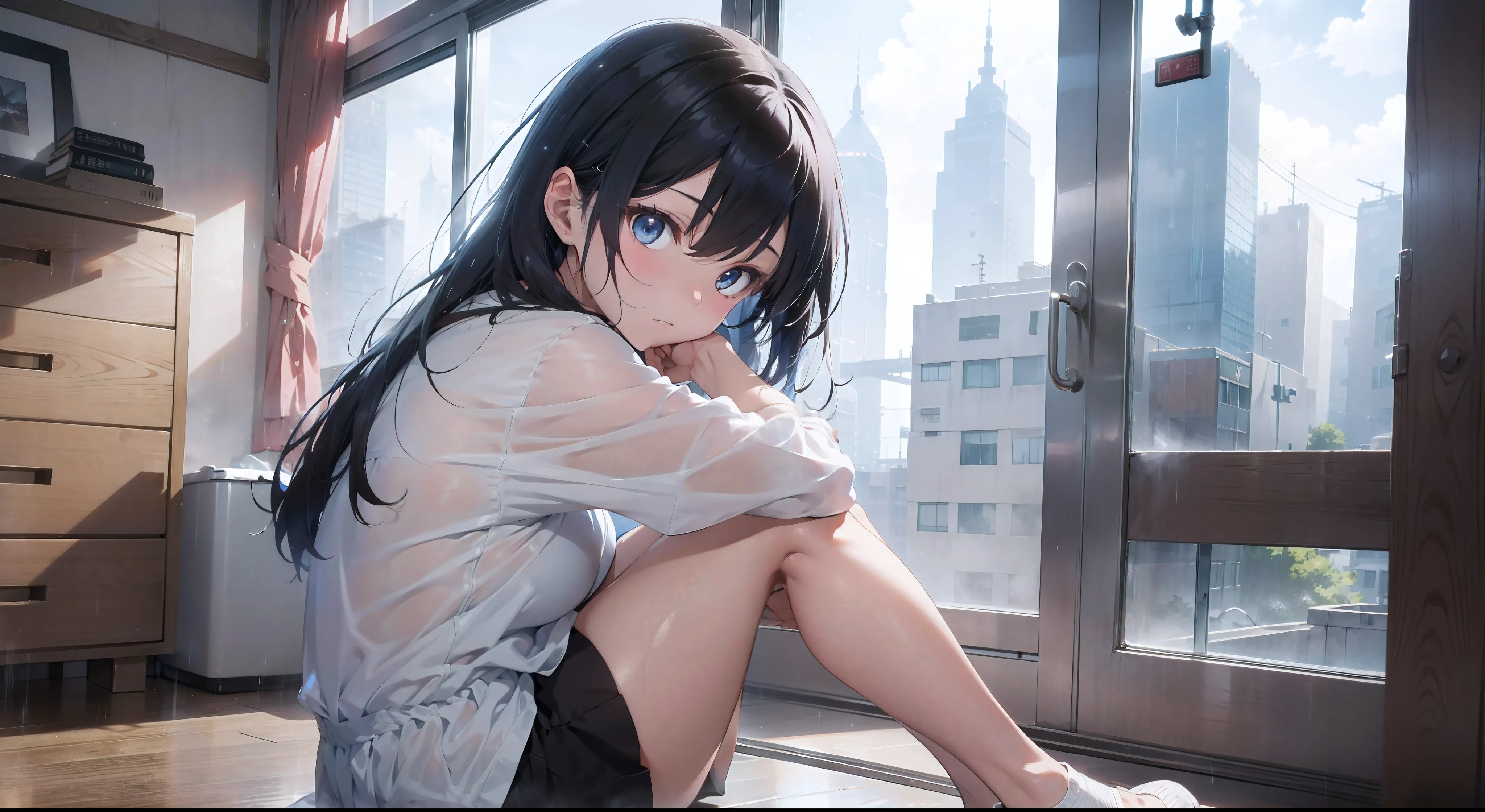 shanghai, China,A girl sits on the floor of a ten-story building,Window of the room on the thirteenth floor, You can see that it is raining lightly outside, Faraway view,Fogging near the ground,brunette color hair,Back against the wall,And hold your legs with your hands,plethora of colors,Masterpiece,high detal,Estilo de Makoto Shinkai。blueneyes