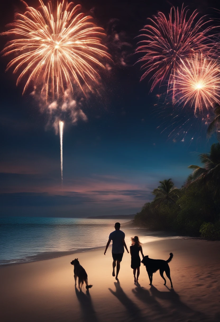 Tropical sandy beach at night,Calm sea,Fireworks bloom in the sky,Two running agers,A dog,Faraway view