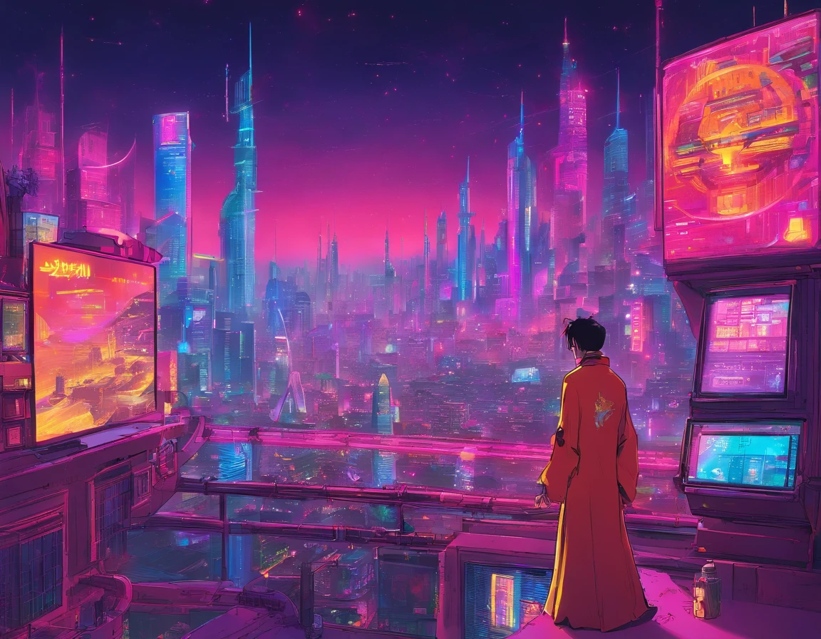 Massive cyberpunk cityscape, Towering spires and holographic billboards Chinese illuminate the night sky.The beauty is dressed in Hanfu,themoon,high-class,extremely colorful