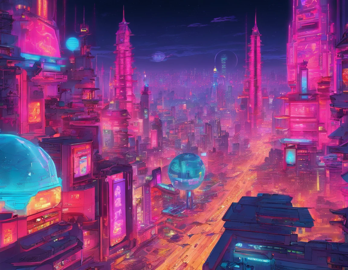 Massive cyberpunk cityscape, Towering spires and holographic billboards Chinese illuminate the night sky.The beauty is dressed in Hanfu，themoon，high-class，extremely colorful