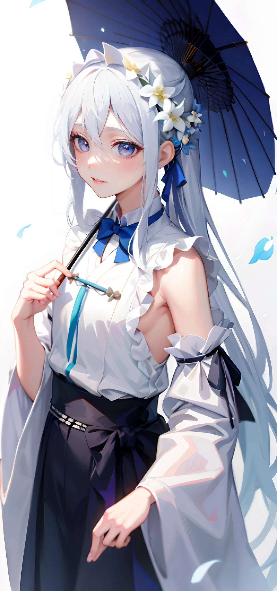 Anime girl with white hair blue bow holding flowers, White-haired god, long silver hair with a flower, White petals, flor branca, shikamimi, demon slayer rui fanart, white hime cut hairstyle, inspired by Nishikawa Sukenobu, offcial art, Palace ， A girl in Hanfu, Holding a Canggu umbrella in his hand, The umbrella bar is placed on the shoulder，inspired by Ma Yuanyu