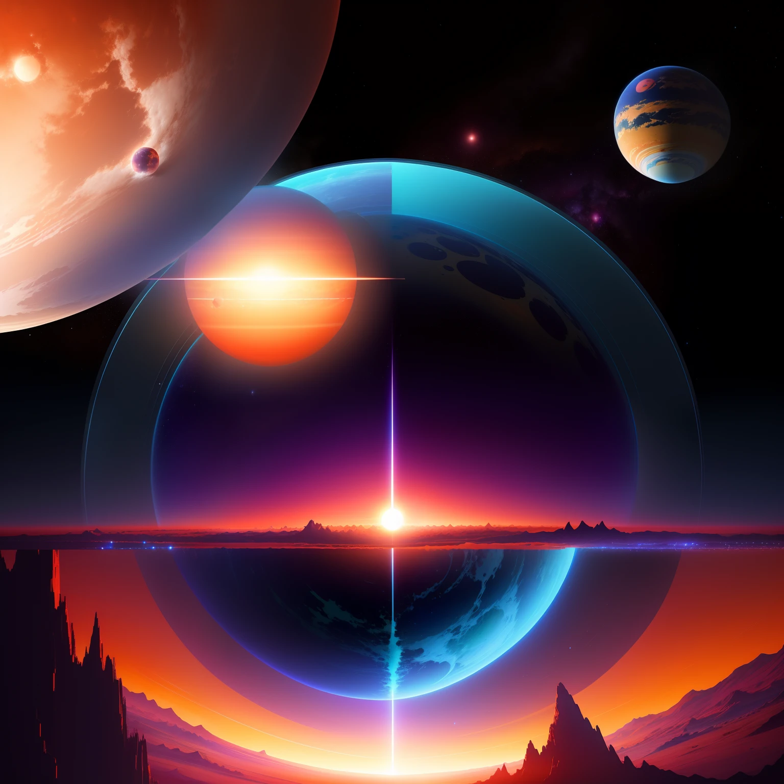 Anime-style The poster depicts two contrasting planets and a futuristic cosmic landscape ,One planet is dark and dead, while the other is bright and vibrant. The various planets and stars in the background give the viewer a sense of the endless space and adventure that awaits the protagonists. gentle colors