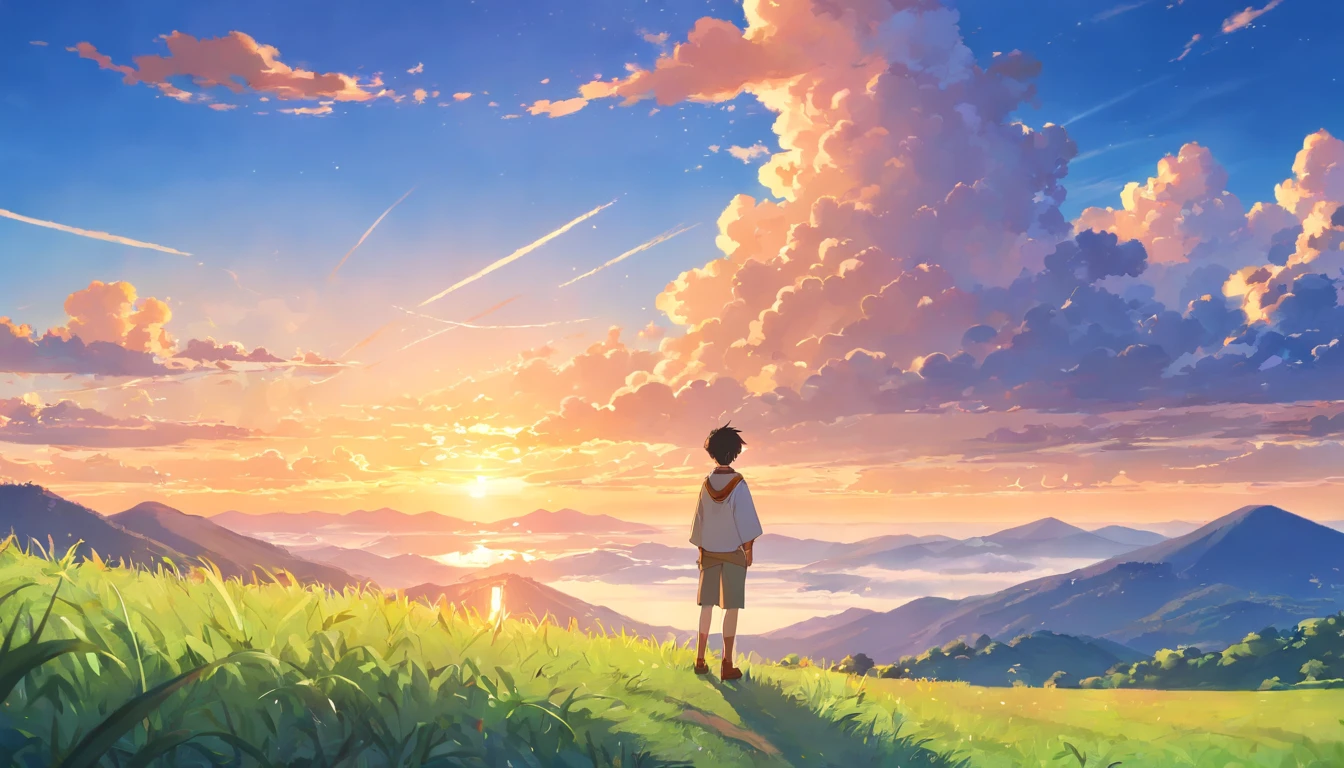 A man of humble mountain background ,Stand on the top of the mountain,The gaze is firmly fixed on the distant sky。Behind you is a vast land,Symbolizes his ambition to dominate the world。Presented in Manhua style。grass field and trees, sunset clouds