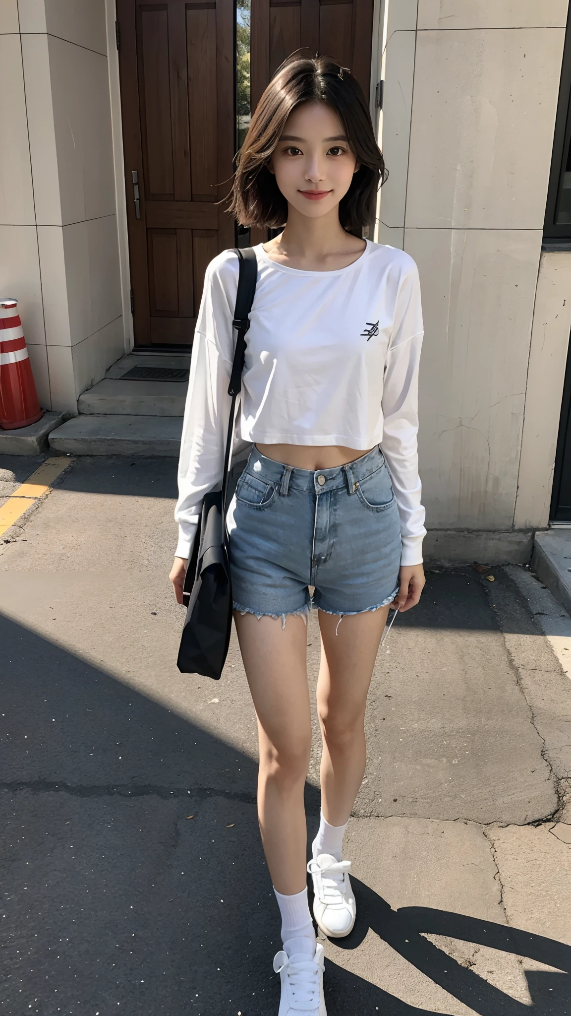 ((small underboob,Tomboyish,small heads)), (Well-defined abs: 1.1), (perfect bodies: 1.1), (short-length straighthair: 1.2), Black hair, upper body photos, attractive collarbone，（极其细致的CG 8k壁纸），（Extremely refined and beautiful），（Masterpiece），（best qualtiy：1.0），（超高分辨率：1.0），beautiful light up，Perfect lightning，realistic shaded，[A high resolution]，Smooth and flawless fair skin，ultra - detailed ，Elongated legs，(small breasts:1.1)，flat chest，Slim，emaciated，Smile，cheerfulness，（white long-sleeved T-shirt:1.1），（light gray transparent gauze short pants：1.1），White short socks, light blue slippers，Summer，eventide，A crowded crowd，at the doorstep of a school，Outside the school fence，standing，outside，Tree-lined roadsides，A cup of coffee in hand，Close-up，Drinking coffee through a straw，Carrying a red school backpack on one shoulder