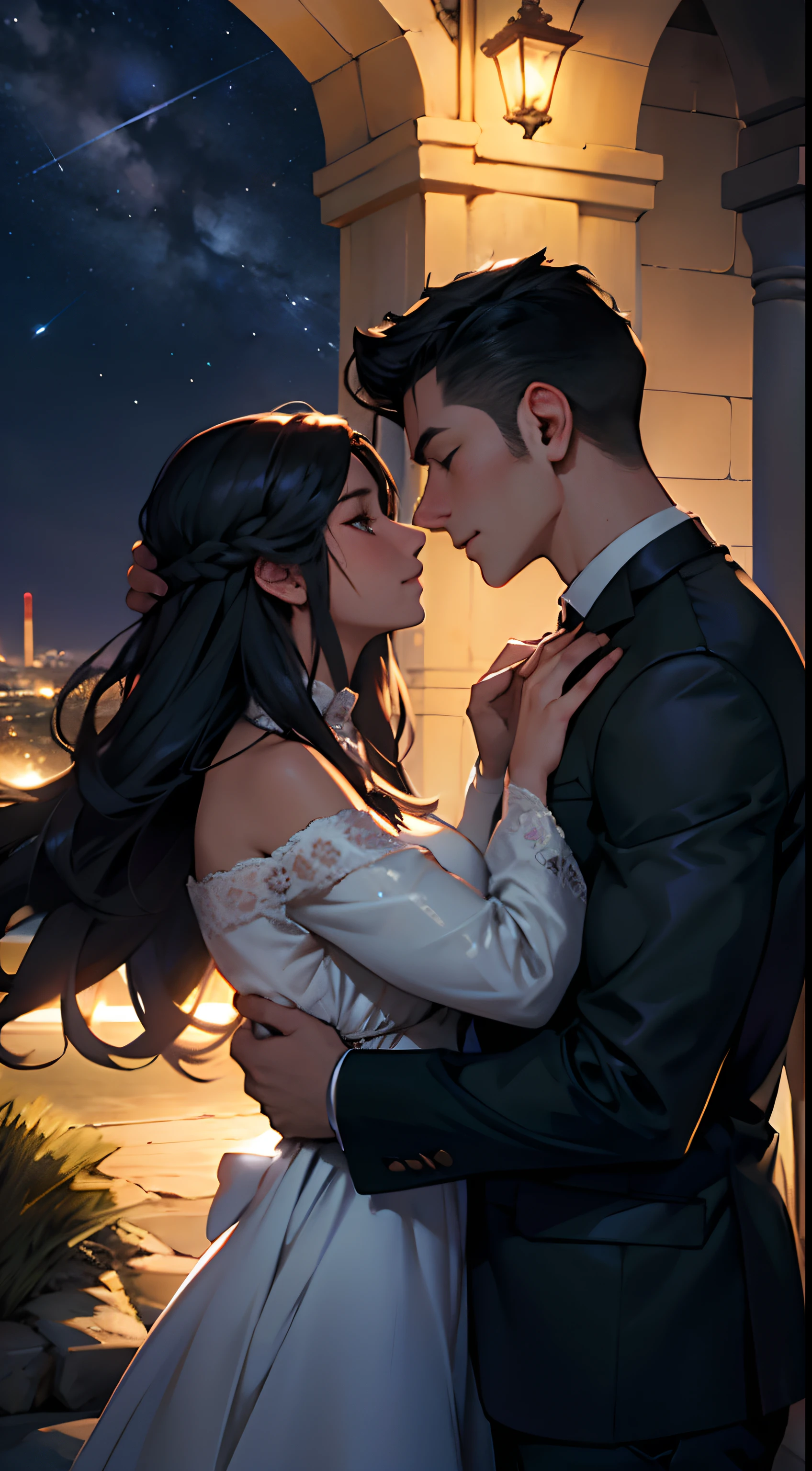 As night falls，Soft starlight illuminates two lovers，They kissed romantically under the bright stars，