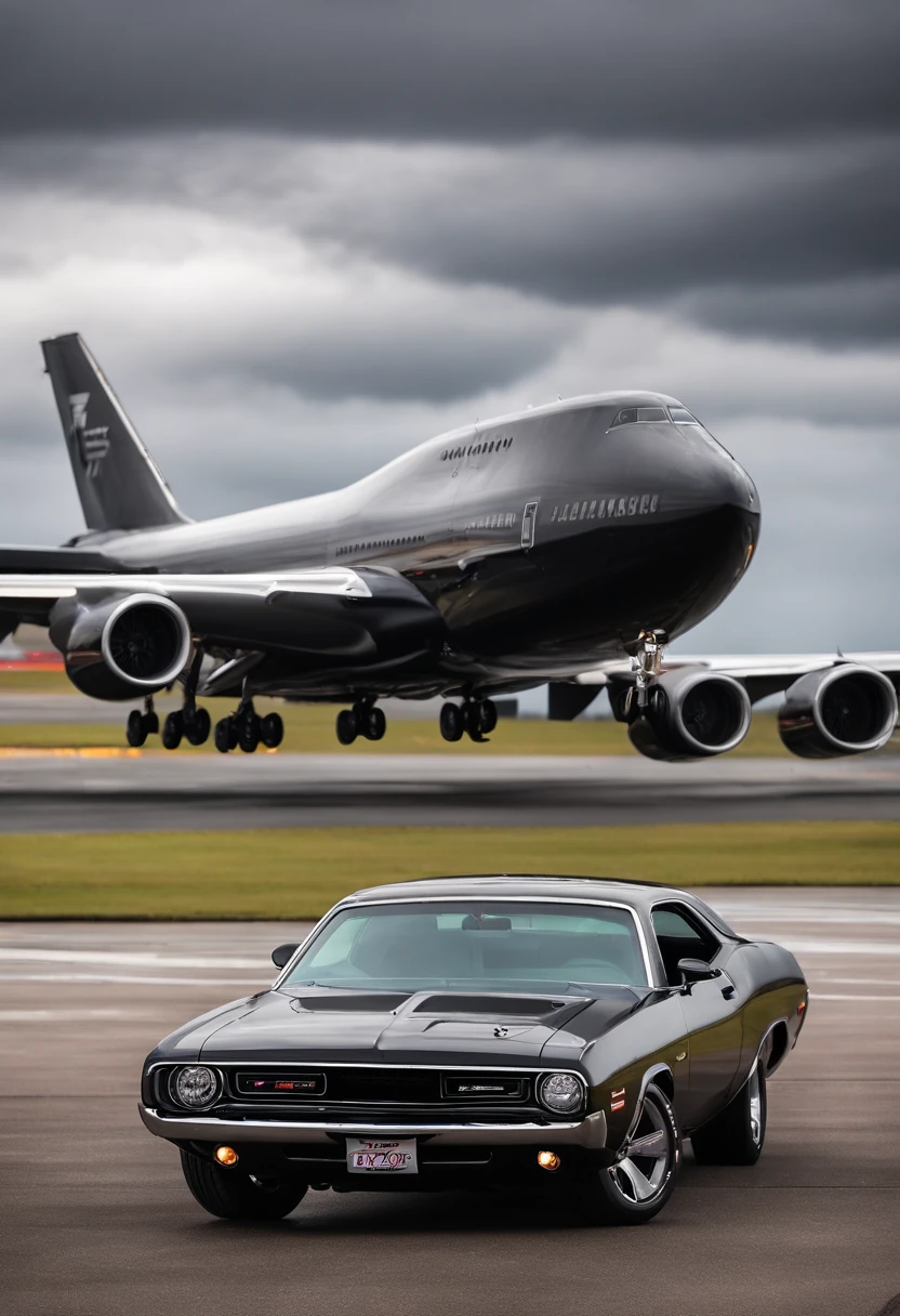 Boeing 747 in the background,A black Dodge Challenger is parked on the runway,cloudy day,Feelings of oppression