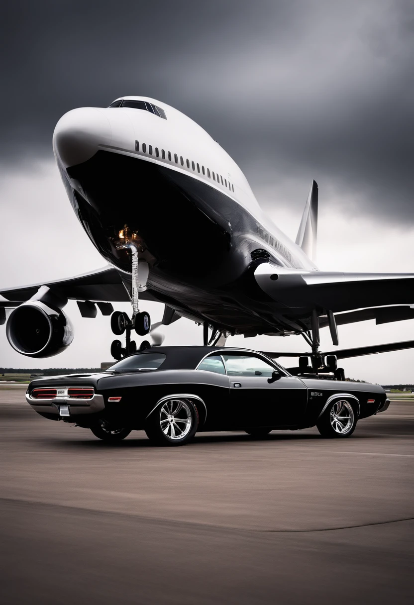Boeing 747 in the background,A black Dodge Challenger is parked on the runway,cloudy day,Feelings of oppression