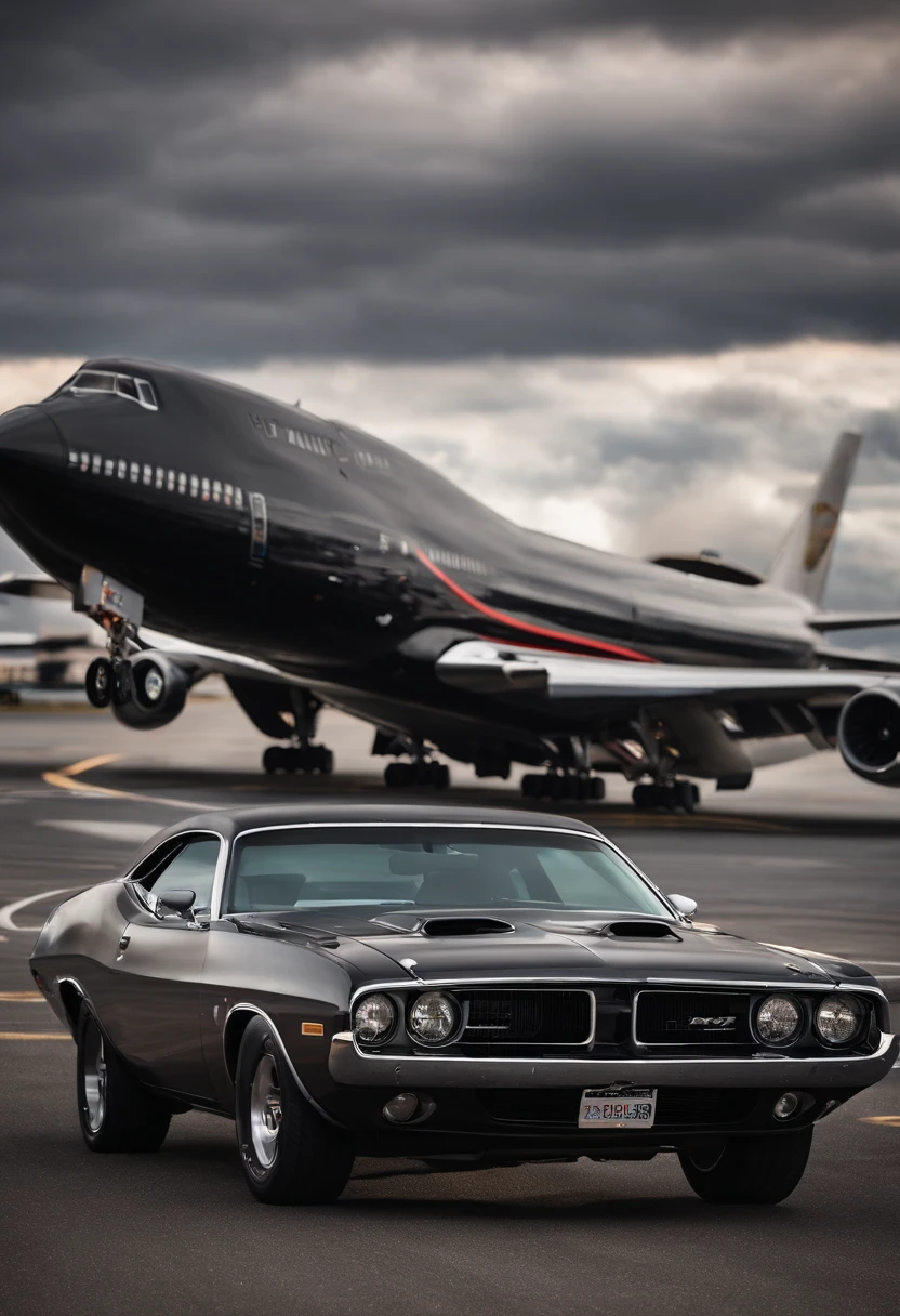 Boeing 747 in the background,A black Dodge Challenger is parked on the runway,cloudy day,Feelings of oppression