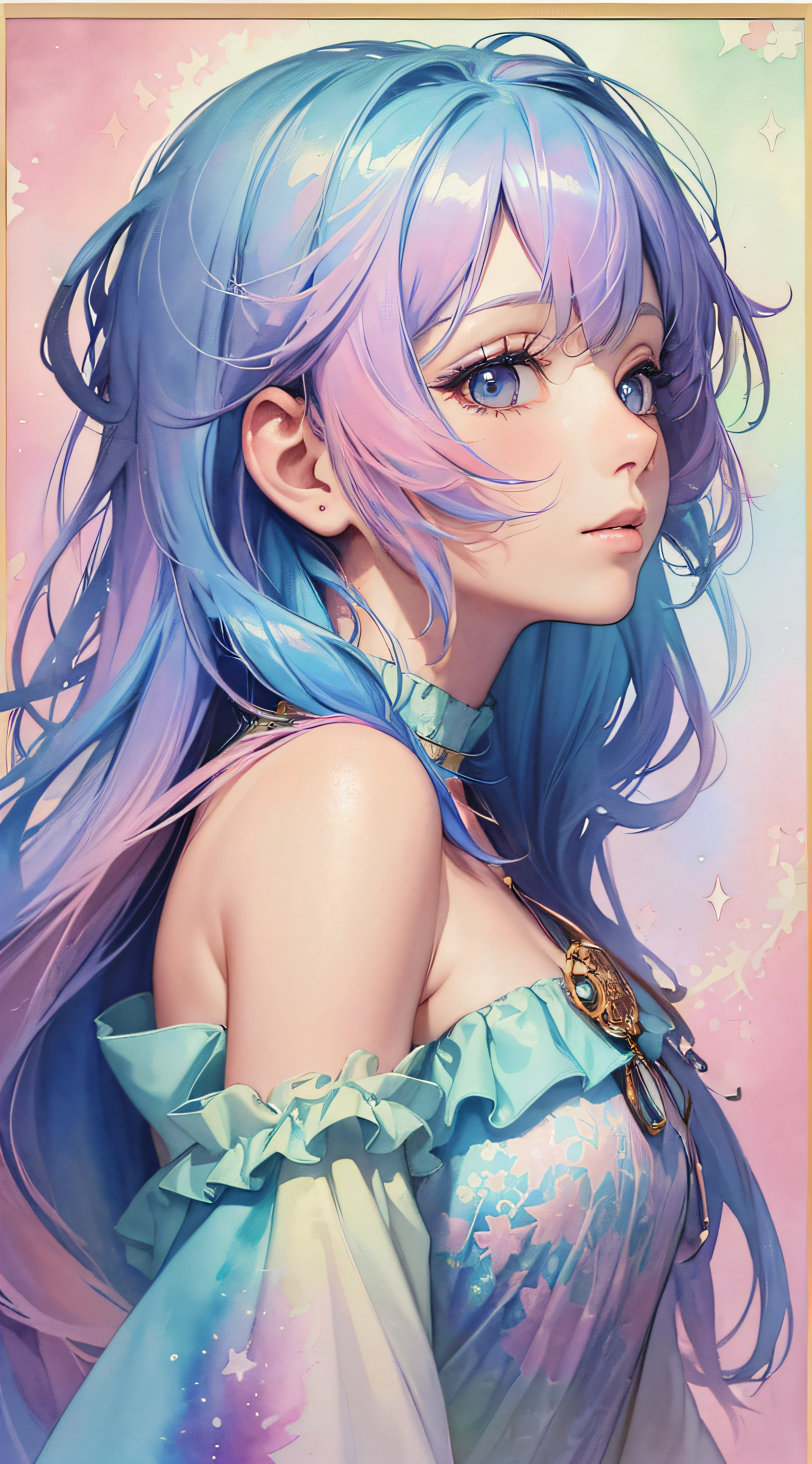(Masterpiece, Top Quality, Best Quality, Watercolor (Medium), Official Art, Beauty and Aesthetics: 1.2), (1girl: 1.3), (Fractal Art: 1.3), Bust, Looking at the Viewer from the Side, Pattern, (Iridescent Hair, Colored Hair, Half Blue and Half Pink Hair: 1.2), Water, Liquid,