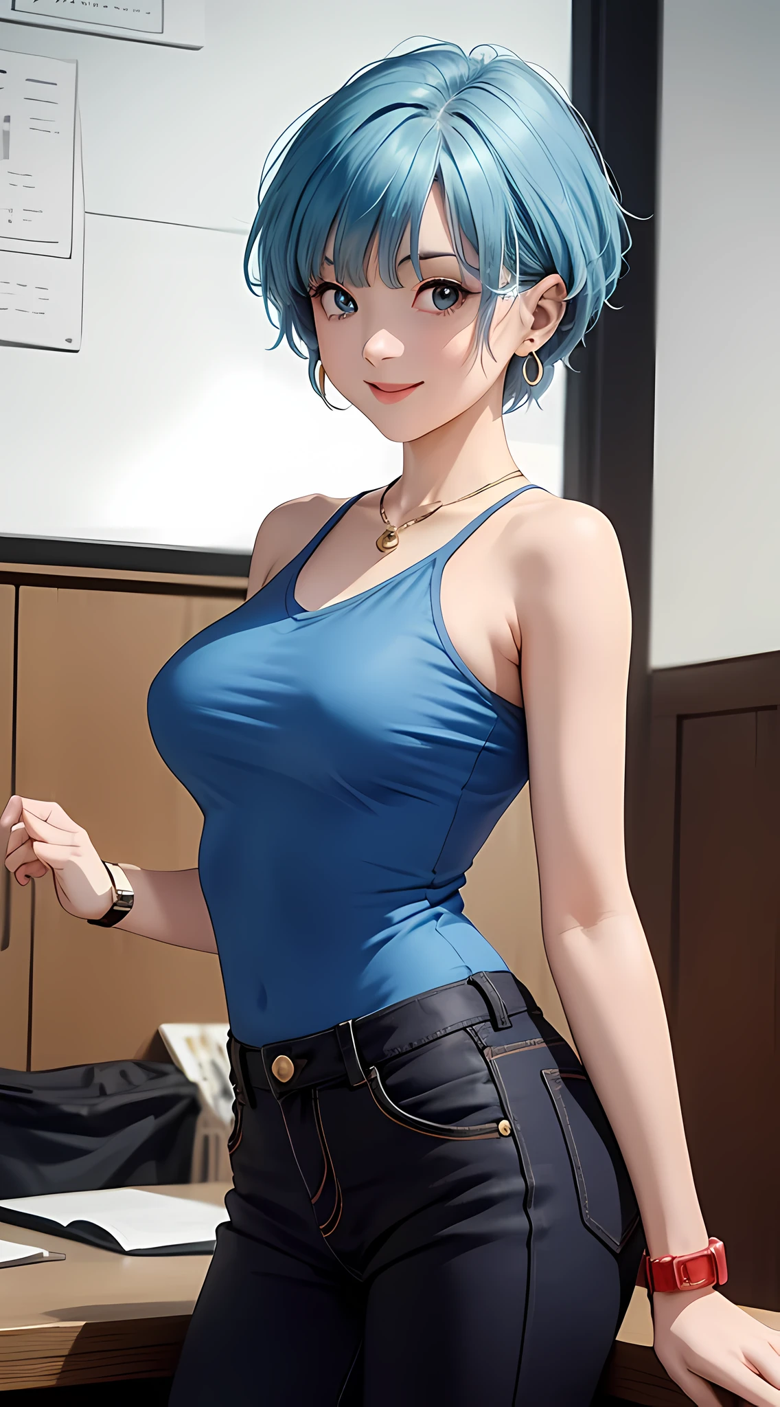 bulma from dragon ball anime, short hair, light blue hair, ponytail, pretty, beautiful woman, perfect body, perfect breasts, wears a white shirt, black cardigan, long jeans, handbag, wears a watch, wears earrings, in classroom , on campus , university , whiteboard , looking at the viewer , little smile , realism , masterpiece , textured skin , super detail , high detail , high quality , best quality , 1080p , 16k